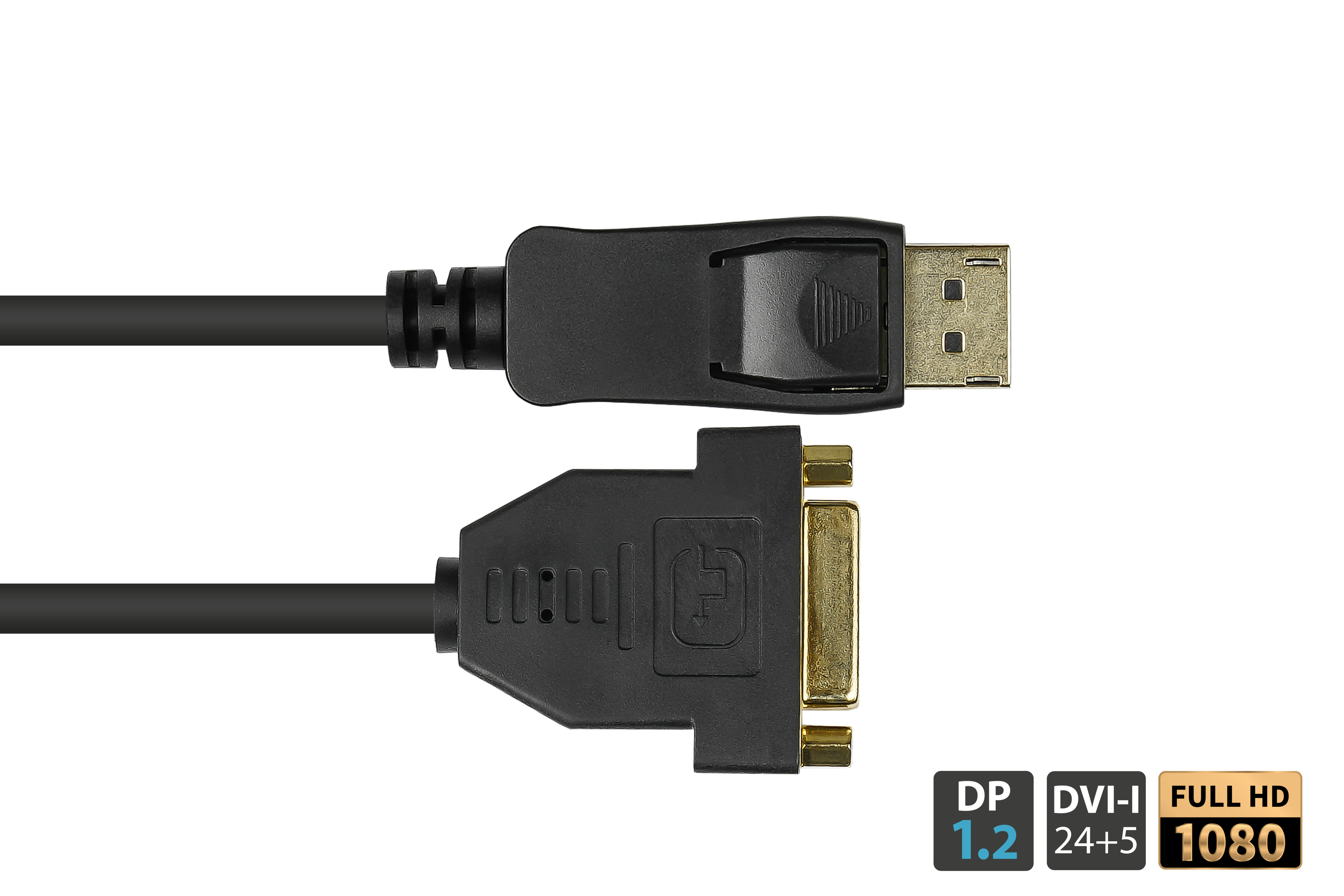 Ein schwarzes Kabel mit einem DisplayPort-Stecker an einem Ende und einem DVI-I-Stecker am anderen.