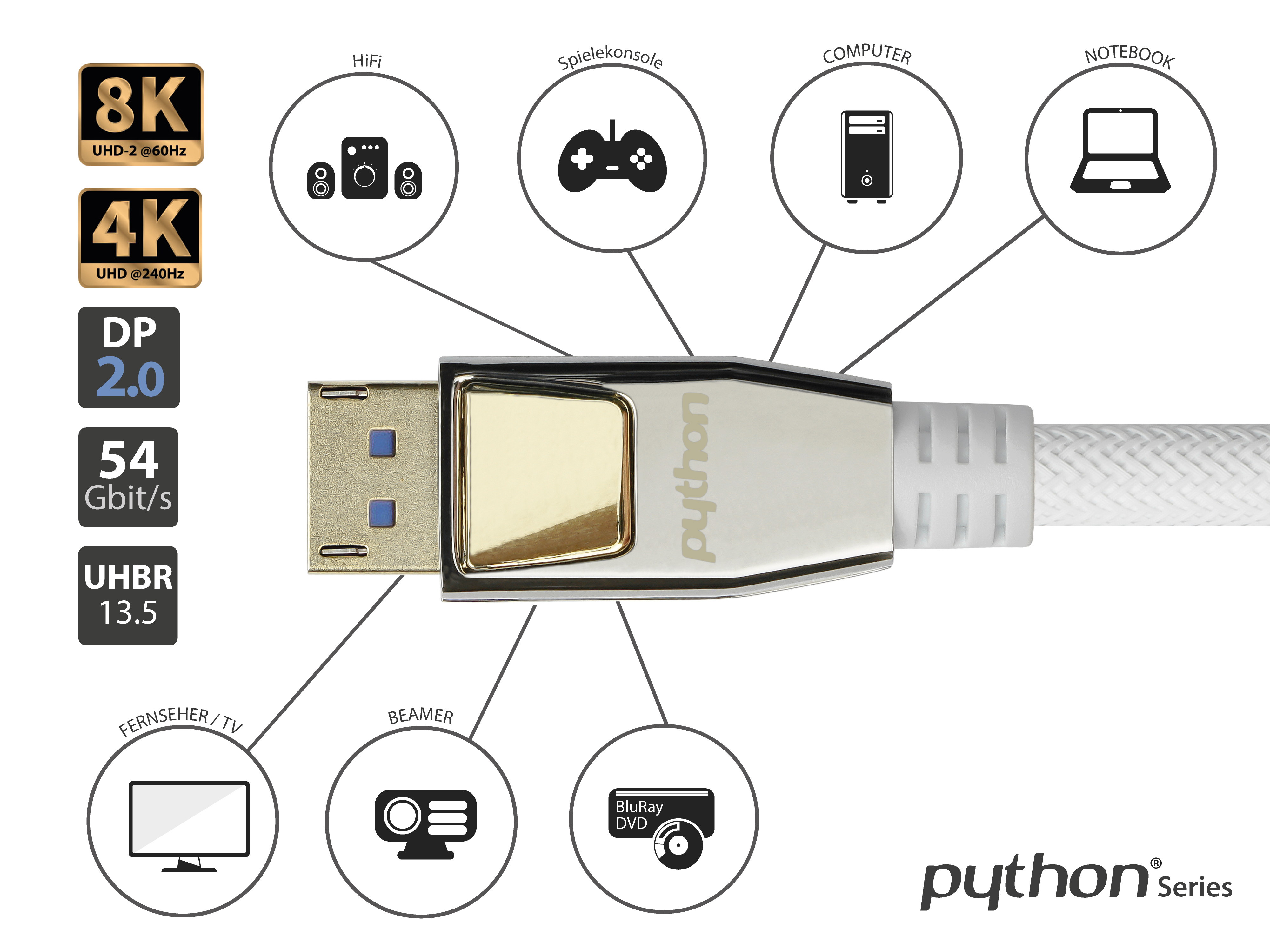 Silbernes und goldenes DisplayPort-Kabel mit zugehörigen Symbolen und Text auf Schwarz.