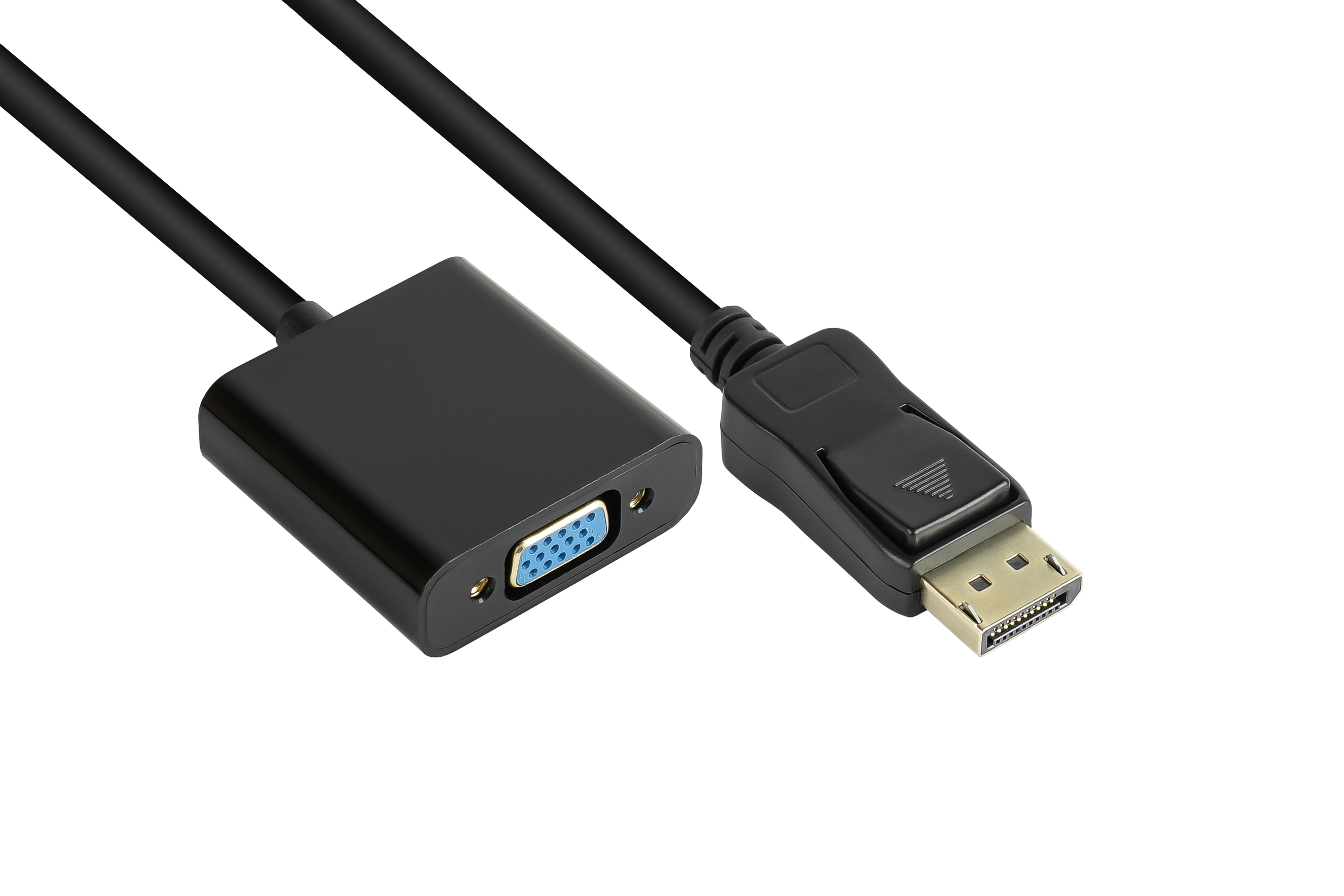 Czarny adapter DisplayPort na VGA, z widocznymi oboma złączami.