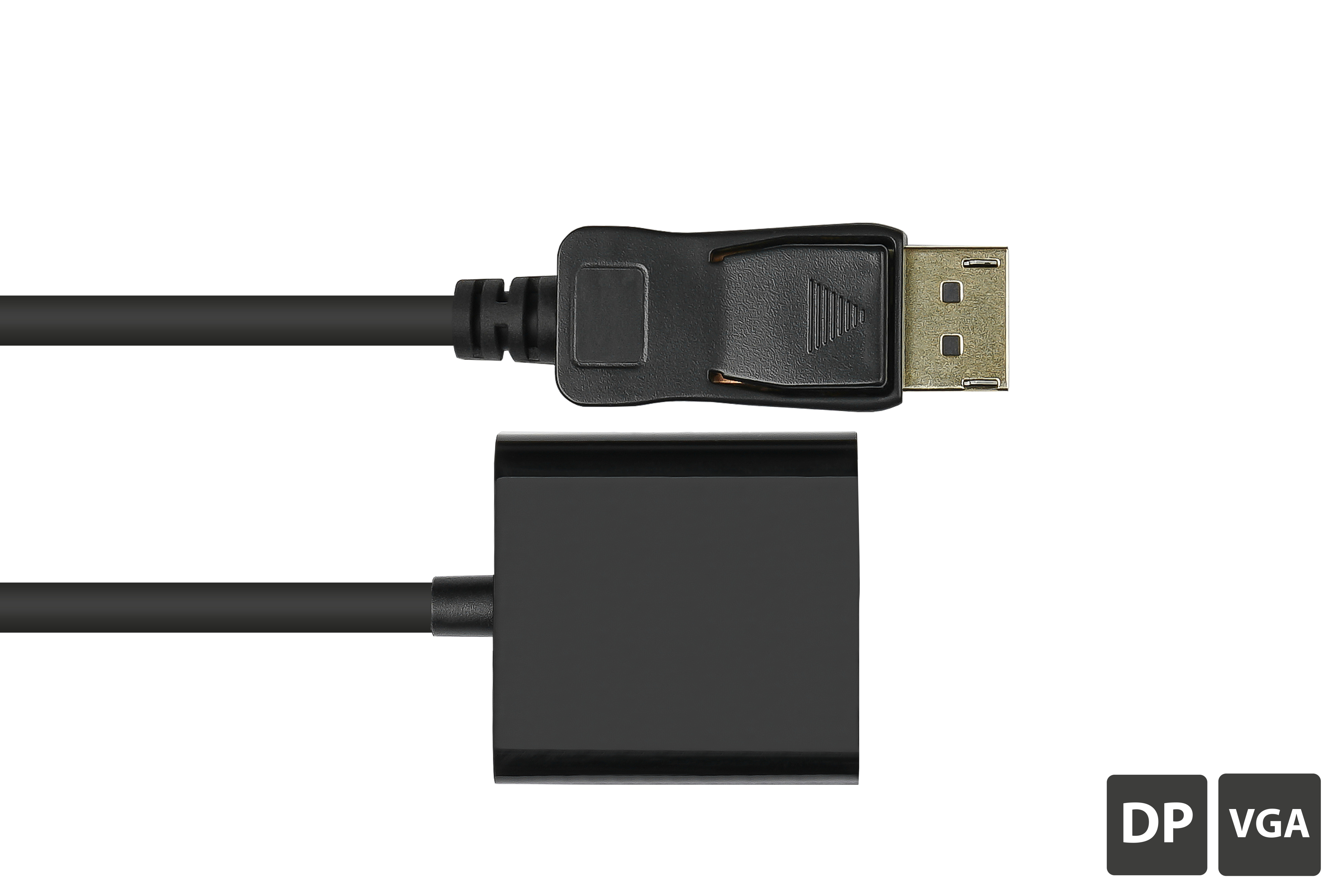 Czarny kabel adaptera DisplayPort do VGA z czarnym pudełkiem adaptera i białym tłem.