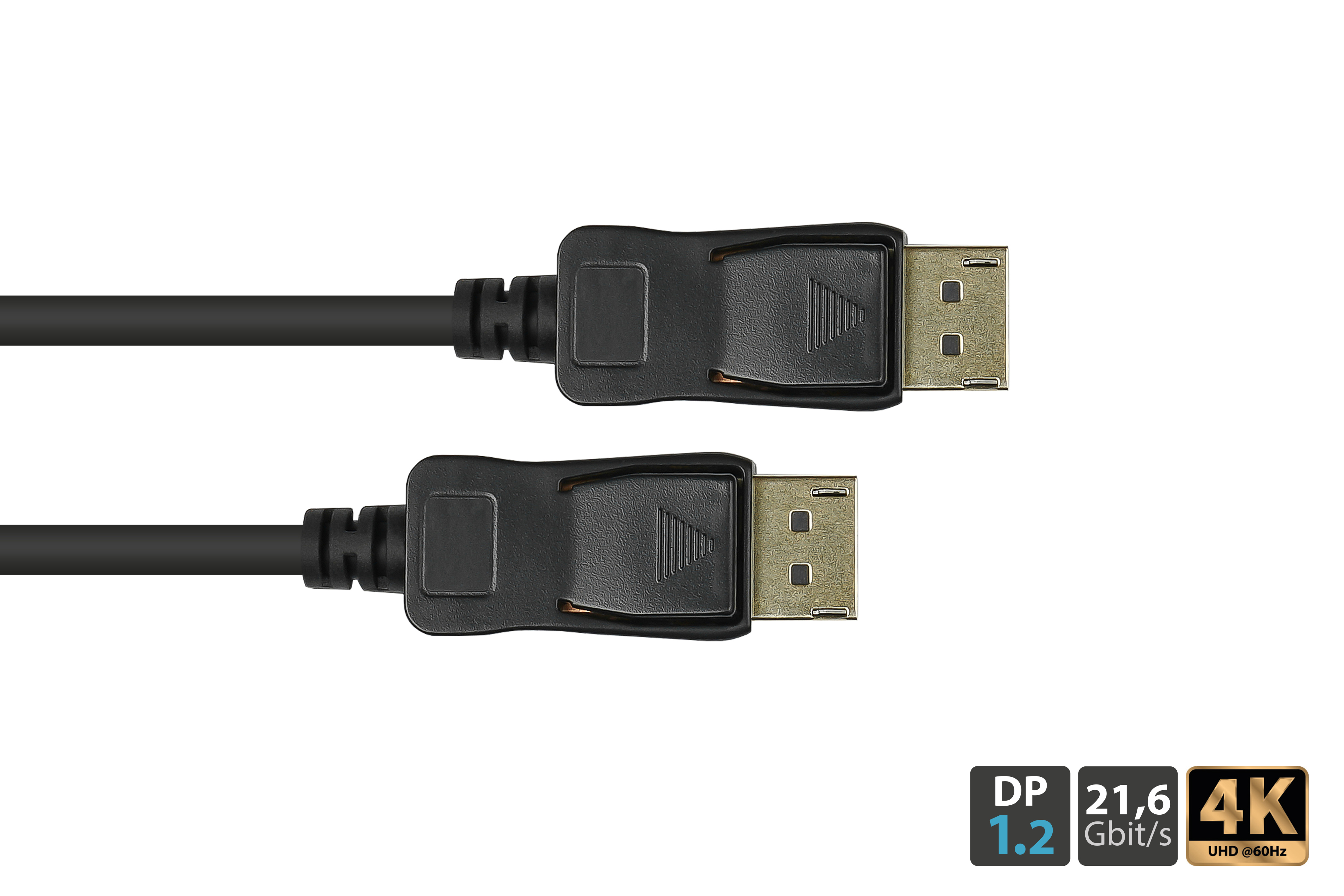 Schwarzes DisplayPort-Kabel mit Steckern auf weißem Hintergrund.