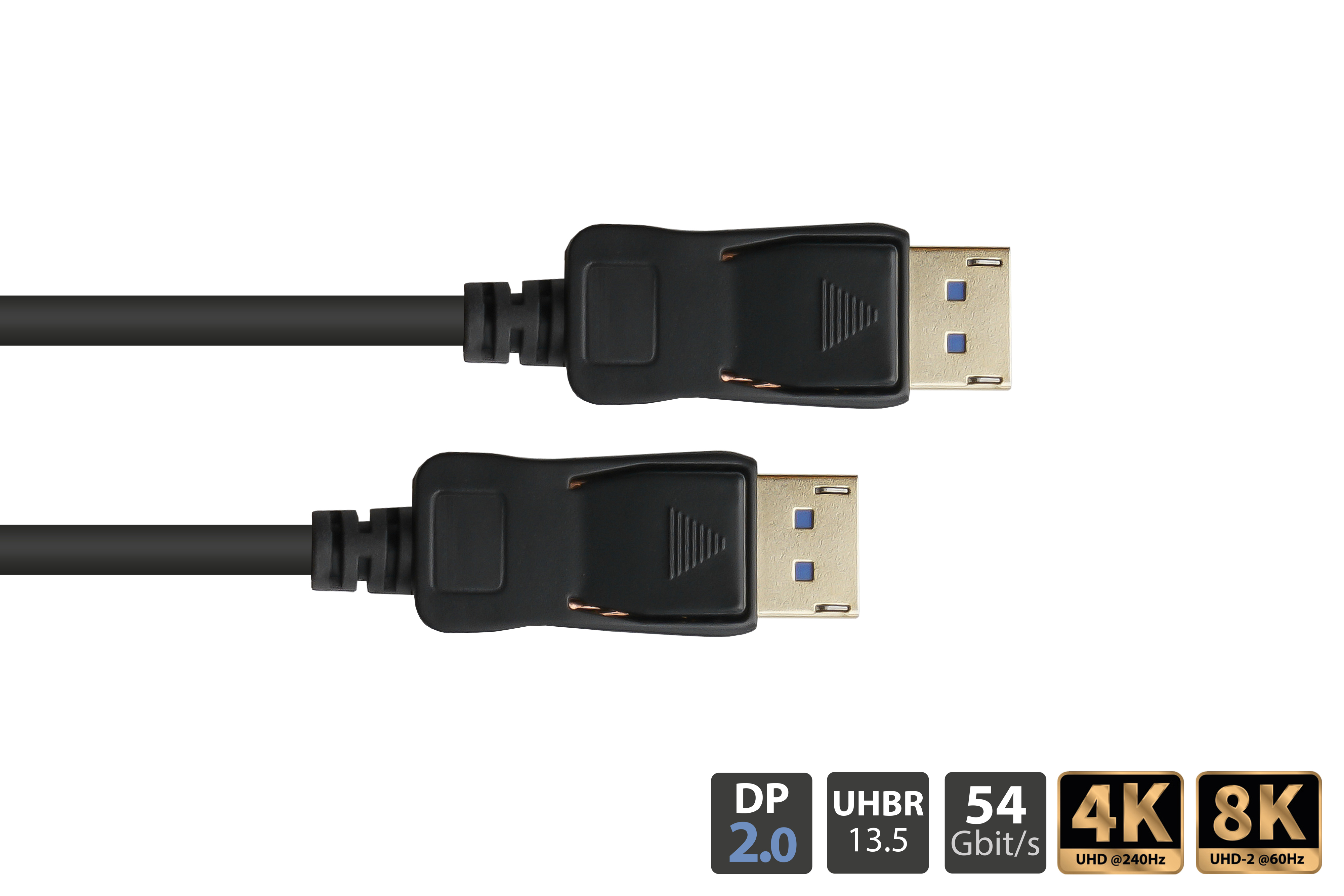 Schwarzes DisplayPort-Kabel mit Steckern an beiden Enden, isoliert auf weißem Hintergrund.