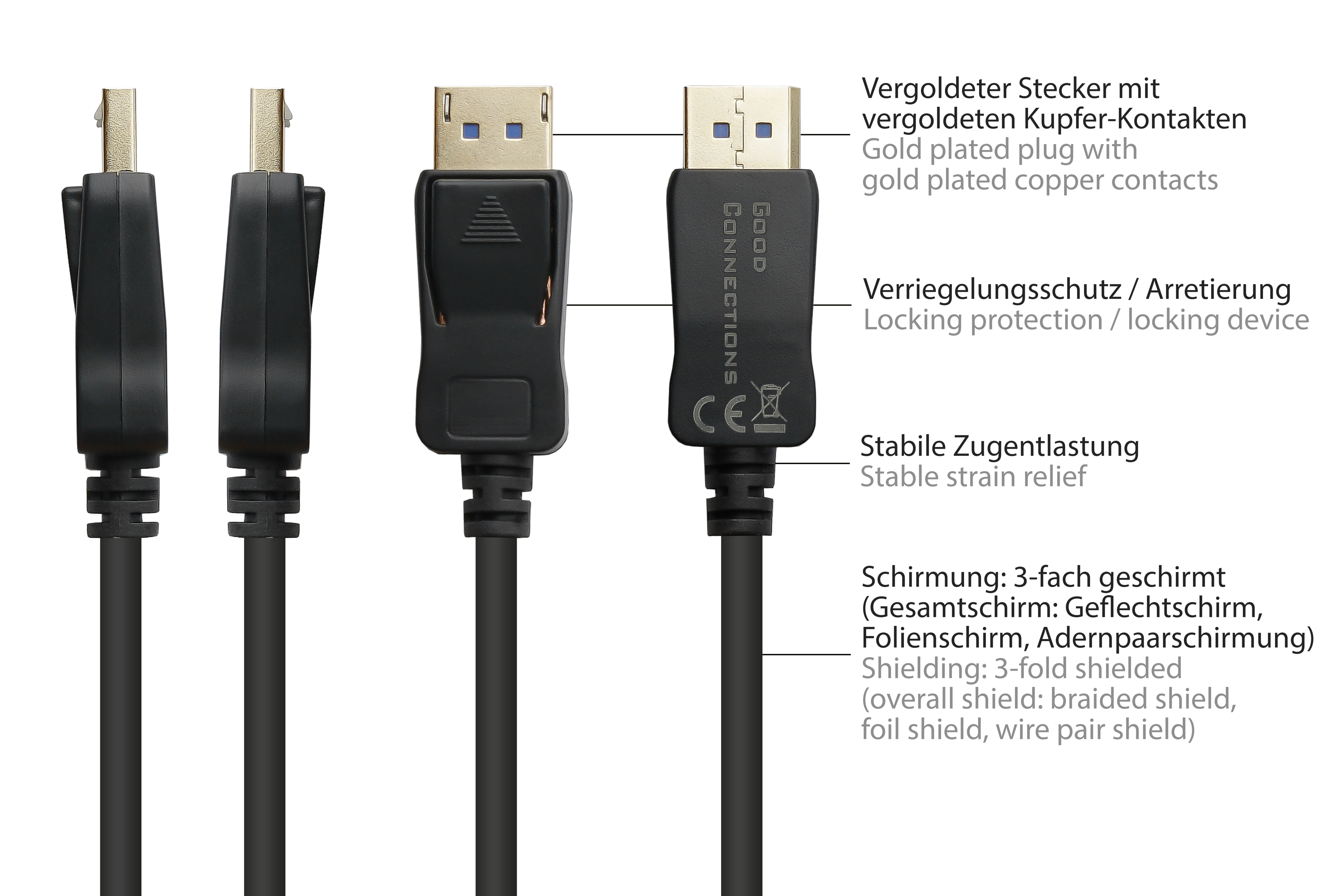 Schwarze DisplayPort-Kabel. Vergoldete Stecker. Schwarzer Kabelkörper.