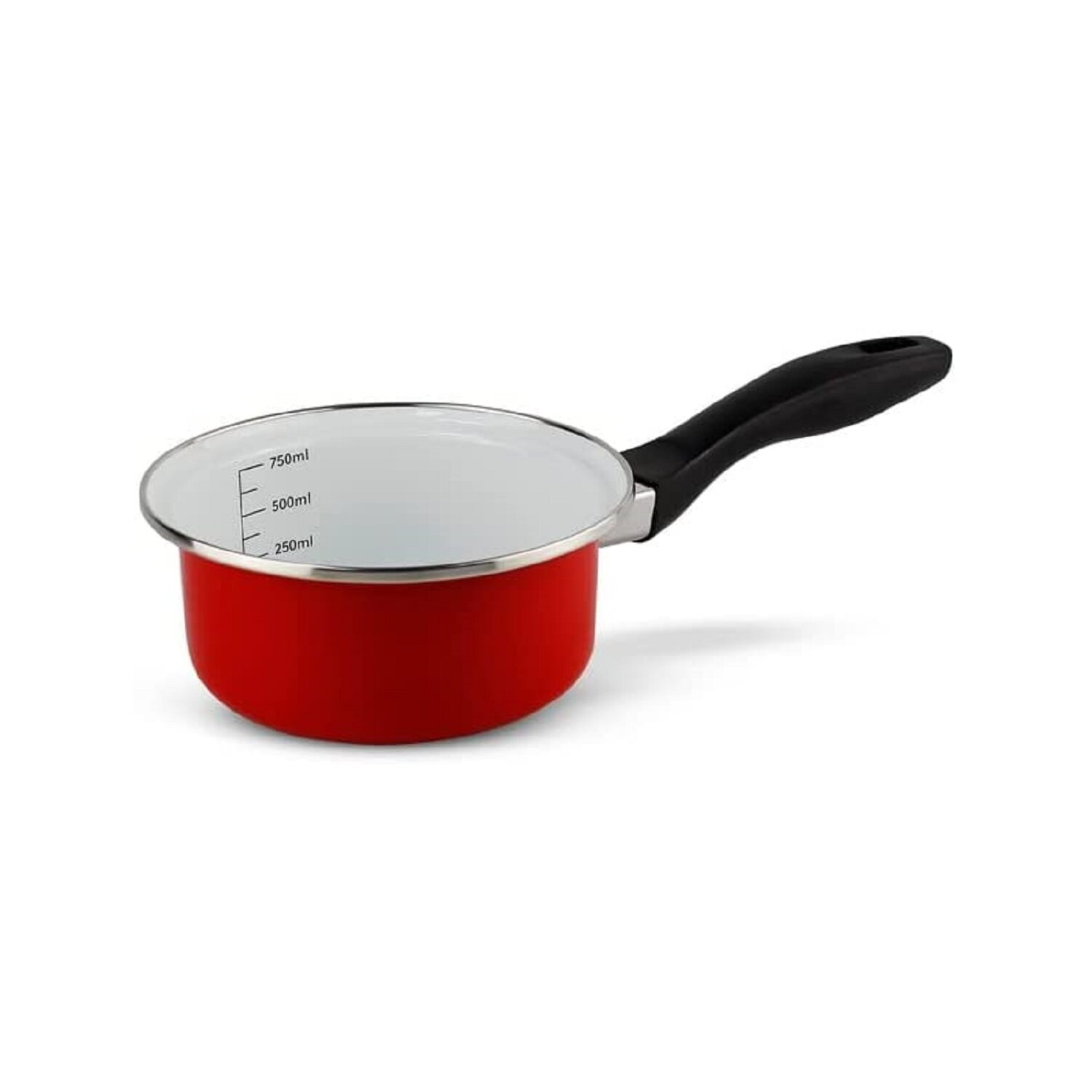 Ein roter Kochtopf mit schwarzem Griff, weißem Innenraum und Messmarkierungen.