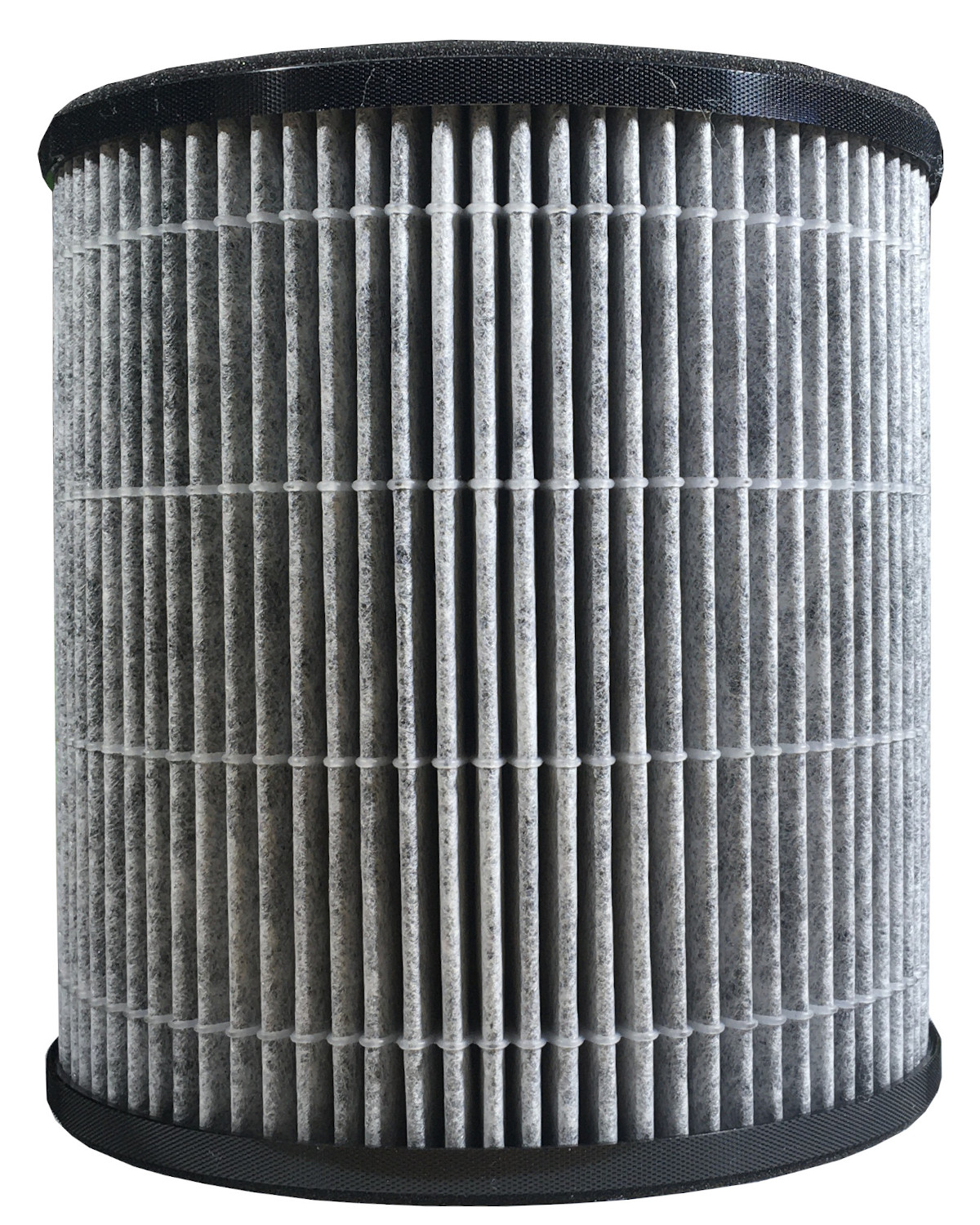 Zylindrischer Luftfilter mit senkrechten grauen Rippen, schwarzer Ober- und Unterseite.