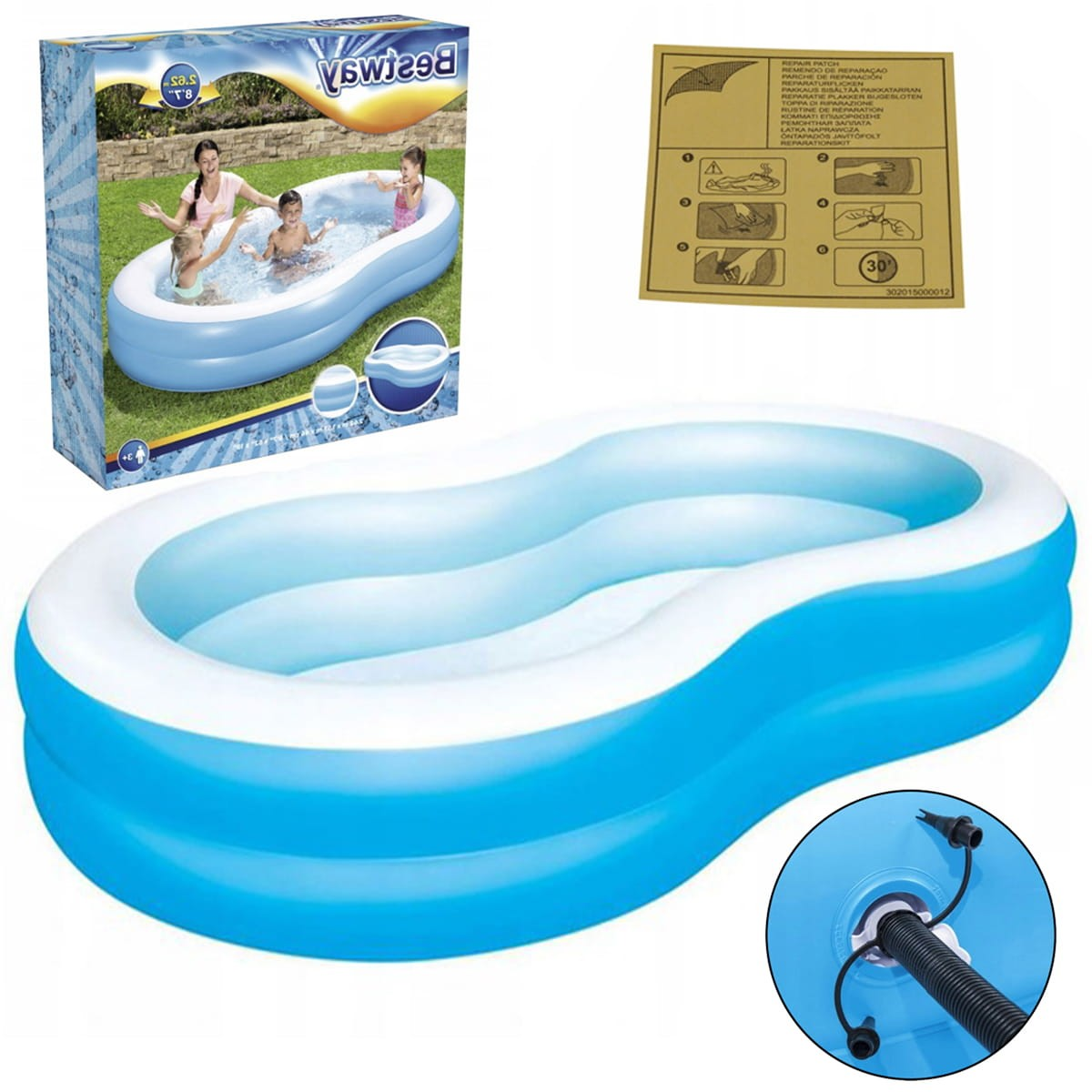 Blau-weißer aufblasbarer Pool, Karton und Reparaturflicken. Personen im Pool.