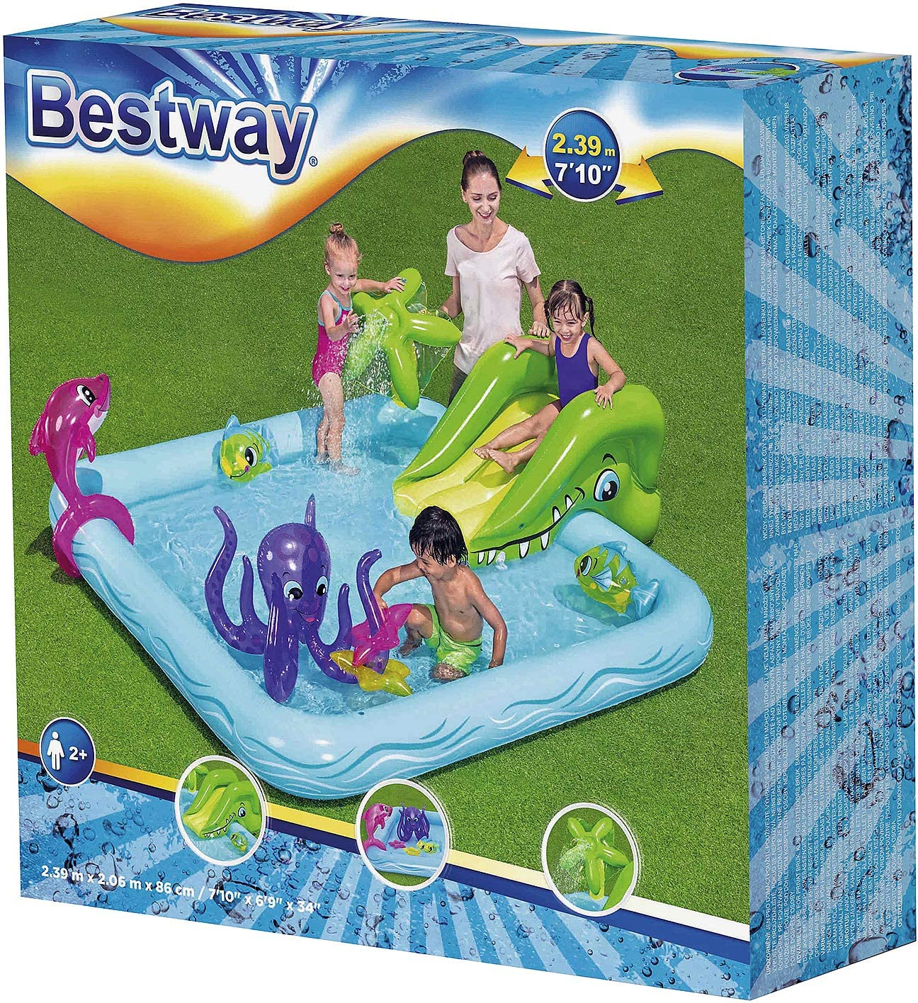 Verpackung eines Pools mit Rutsche, spielenden Personen und dekorativen Schlauchbooten.
