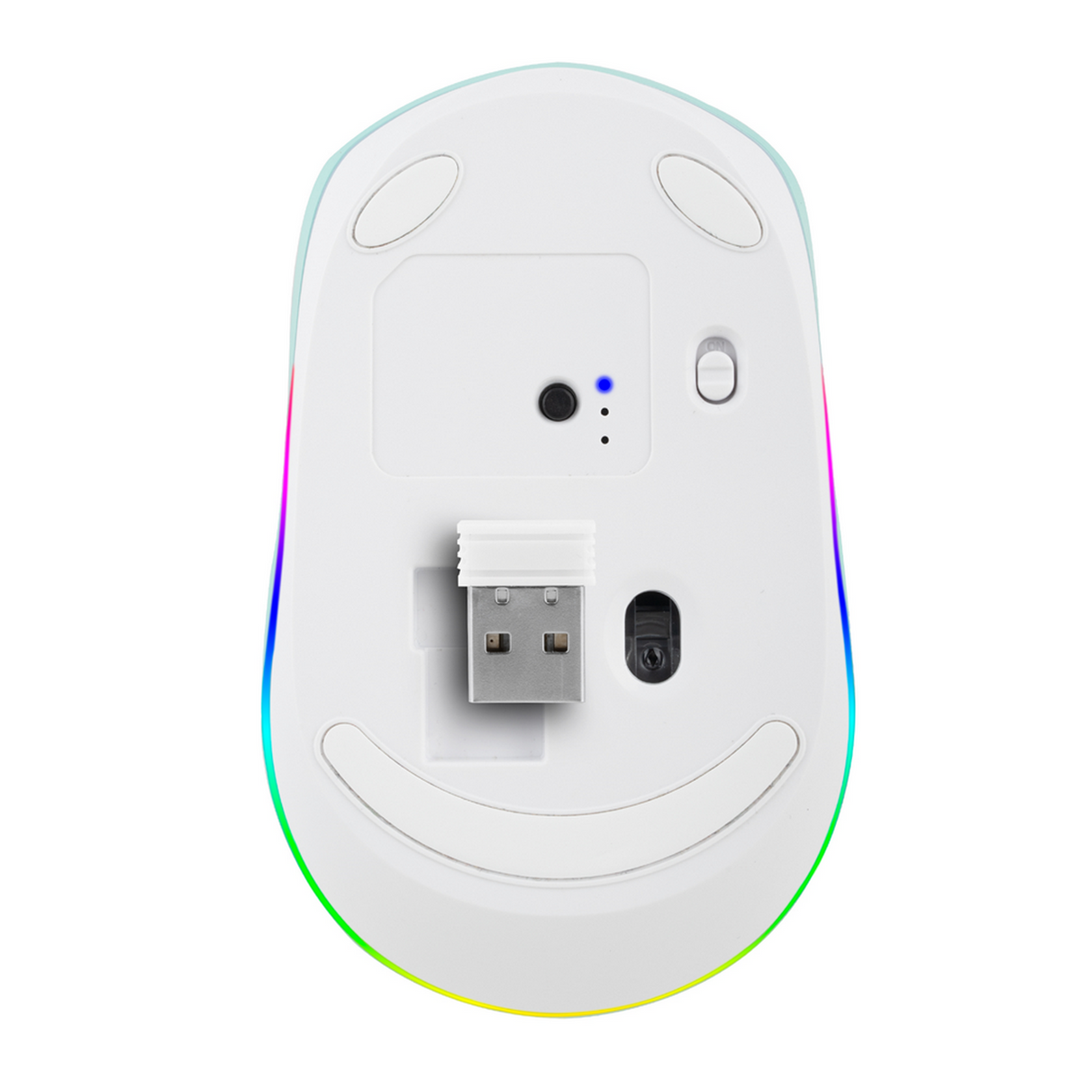Biała mysz komputerowa, widok od spodu. Zawiera odbiornik USB. Kolorowe światła LED. Białe tło.