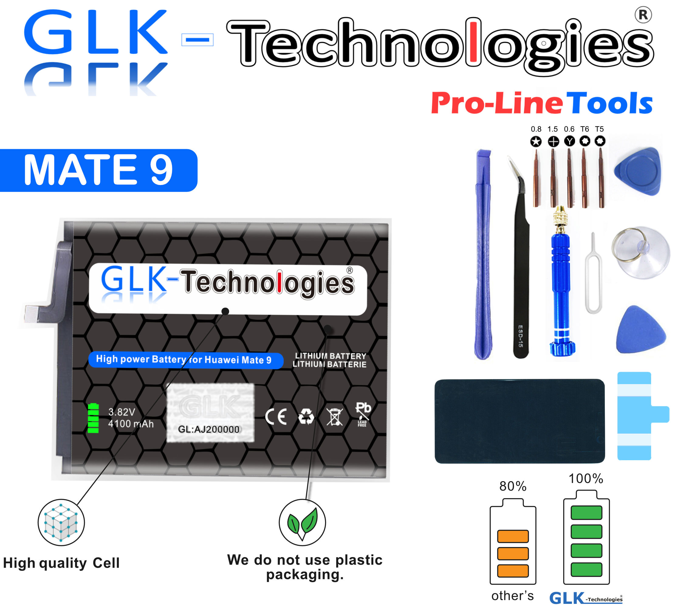 Ersatz Lithium-Ionen-Akku Akku Power High Mate Werkzeug PROFI inkl. für Set Akku 9 Huawei Smartphone GLK-TECHNOLOGIES 4100mAh Ersatzakku
