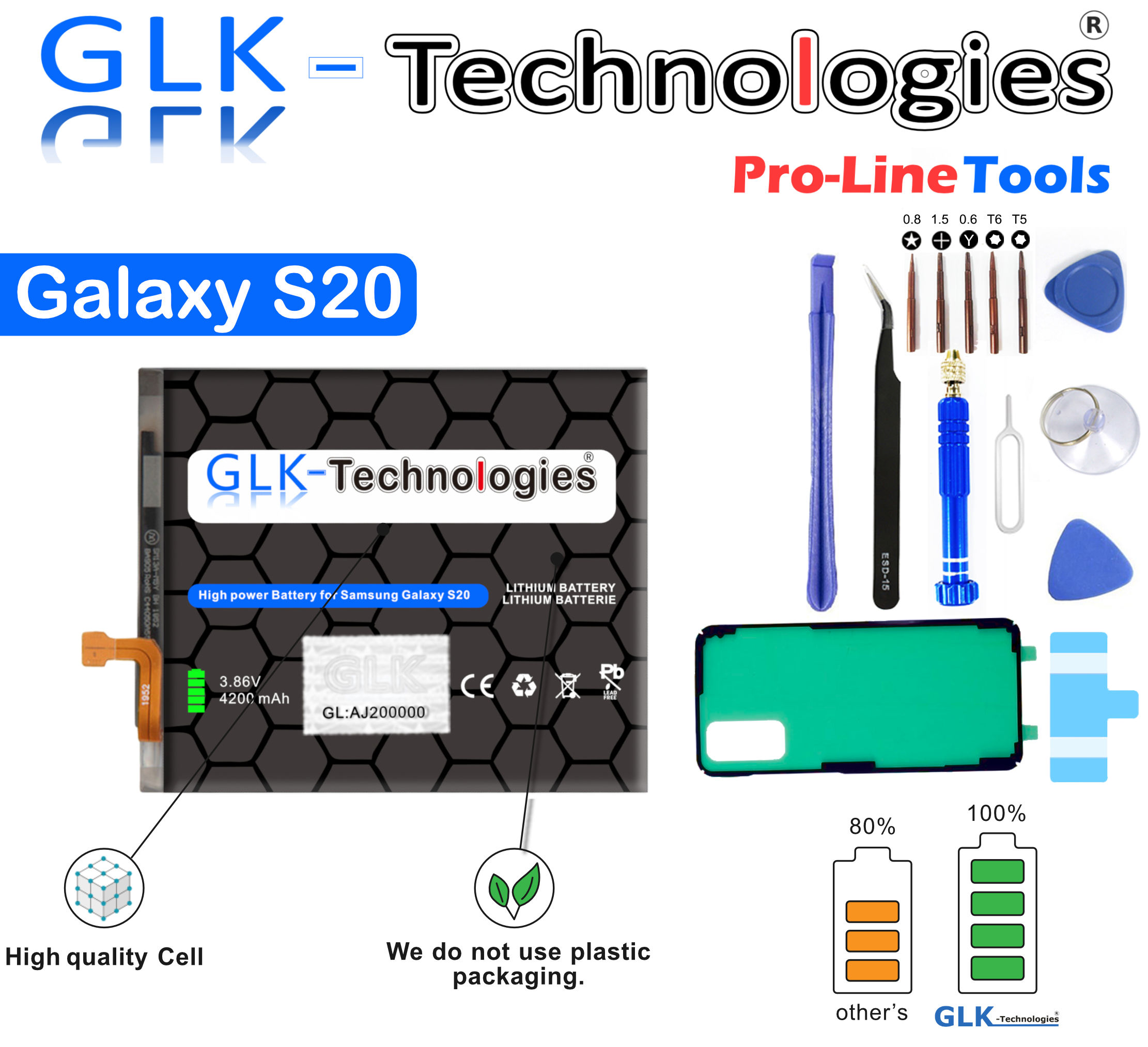 SM-G981B/DS Lithium-Ionen-Akku Smartphone High Werkzeug Set S20 Galaxy Samsung SM-G980F/DS Akku 4200mAh Ersatz für Power GLK-TECHNOLOGIES inkl. Akku PROFI