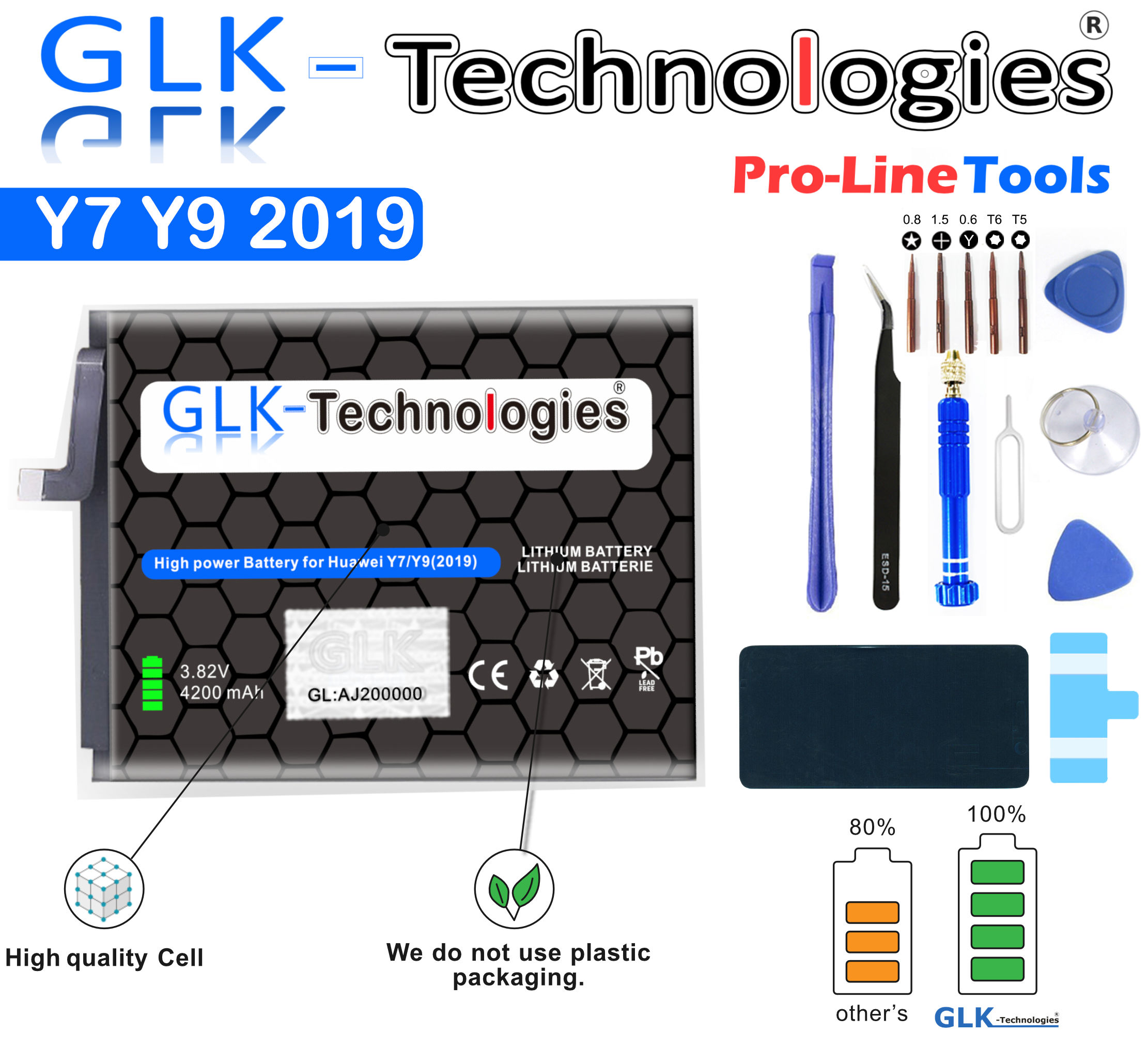 / GLK-TECHNOLOGIES Ersatz Y9 Lithium-Ionen-Akku Smartphone inkl. Set High 4200 PROFI Akku 8C Werkzeug / 2019 Y7 Ersatzakku mAh 2019 für Y9 Honor Power 2018