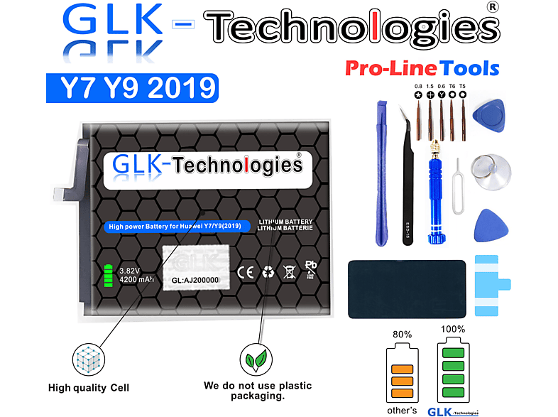 GLK-TECHNOLOGIES High Power Ersatzakku für Y7 2019 / Y9 2019 Honor 8C / Y9 2018 4200 mAh inkl. PROFI Werkzeug Set Lithium-Ionen-Akku Smartphone Ersatz Akku
