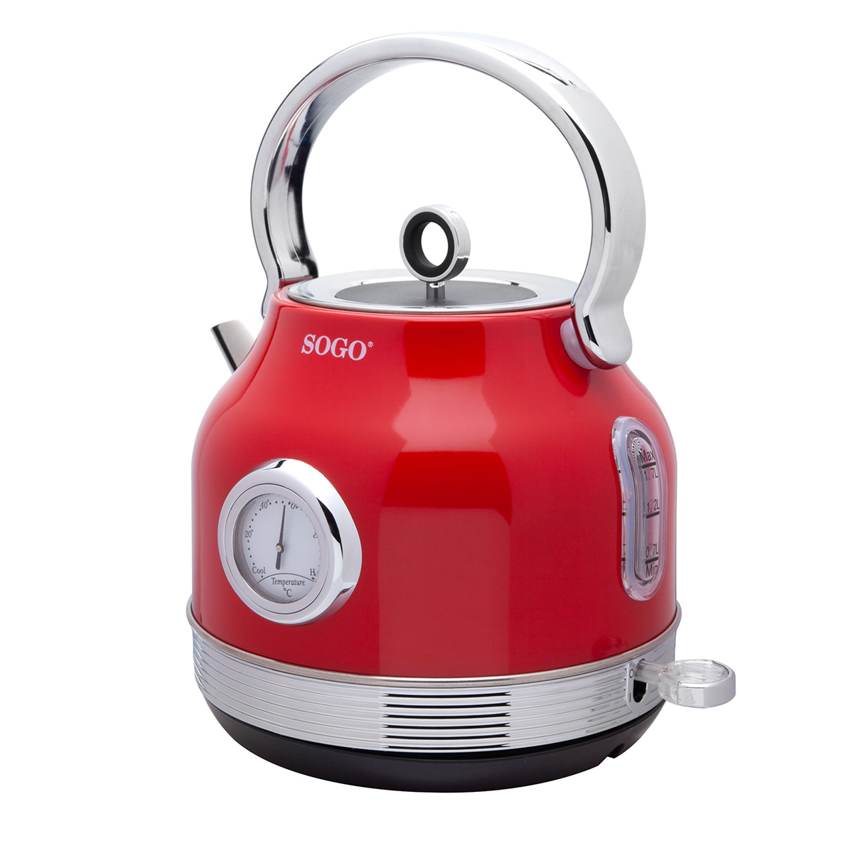 Roter Retro-Kessel mit silbernem Griff und Temperaturanzeige. Markenname SOGO ist sichtbar.