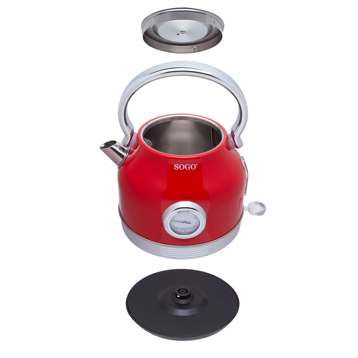 Roter Wasserkocher mit silbernem Griff und Ausguss, Deckel und Boden, vor weißem Hintergrund.