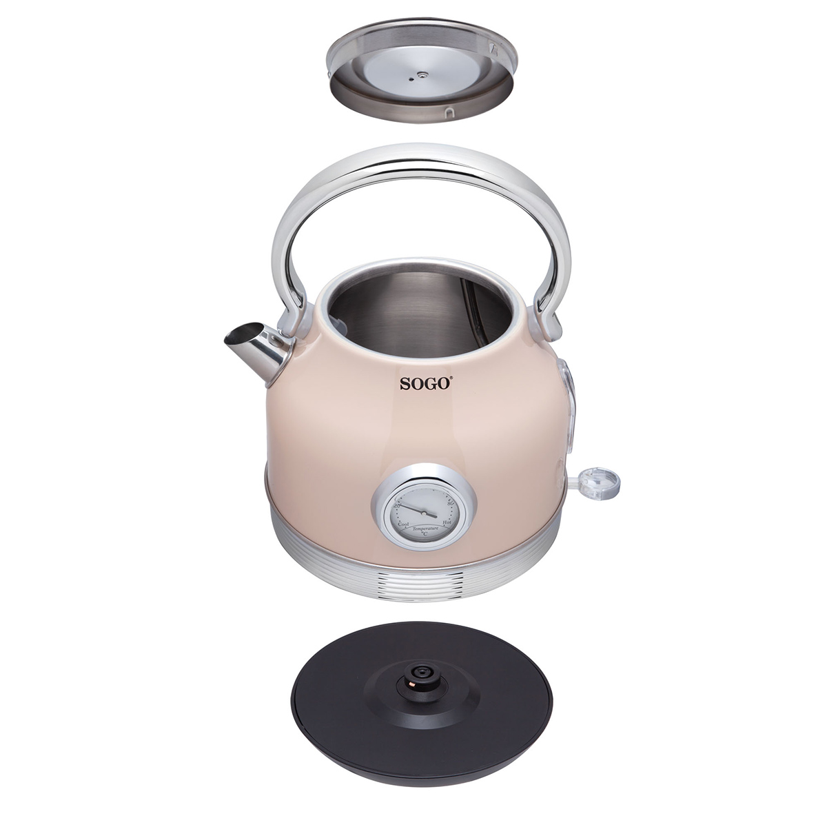 Beige elektrischer Wasserkocher, zerlegt, zeigt Komponenten: Deckel, Griff, Körper und Basis. SOGO-Marke sichtbar.