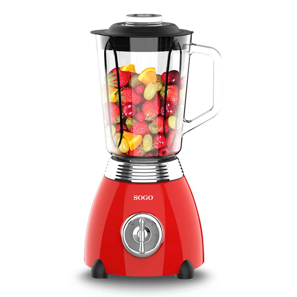 Licuadora roja llena de varias frutas. La licuadora tiene un vaso de vidrio y una tapa negra.