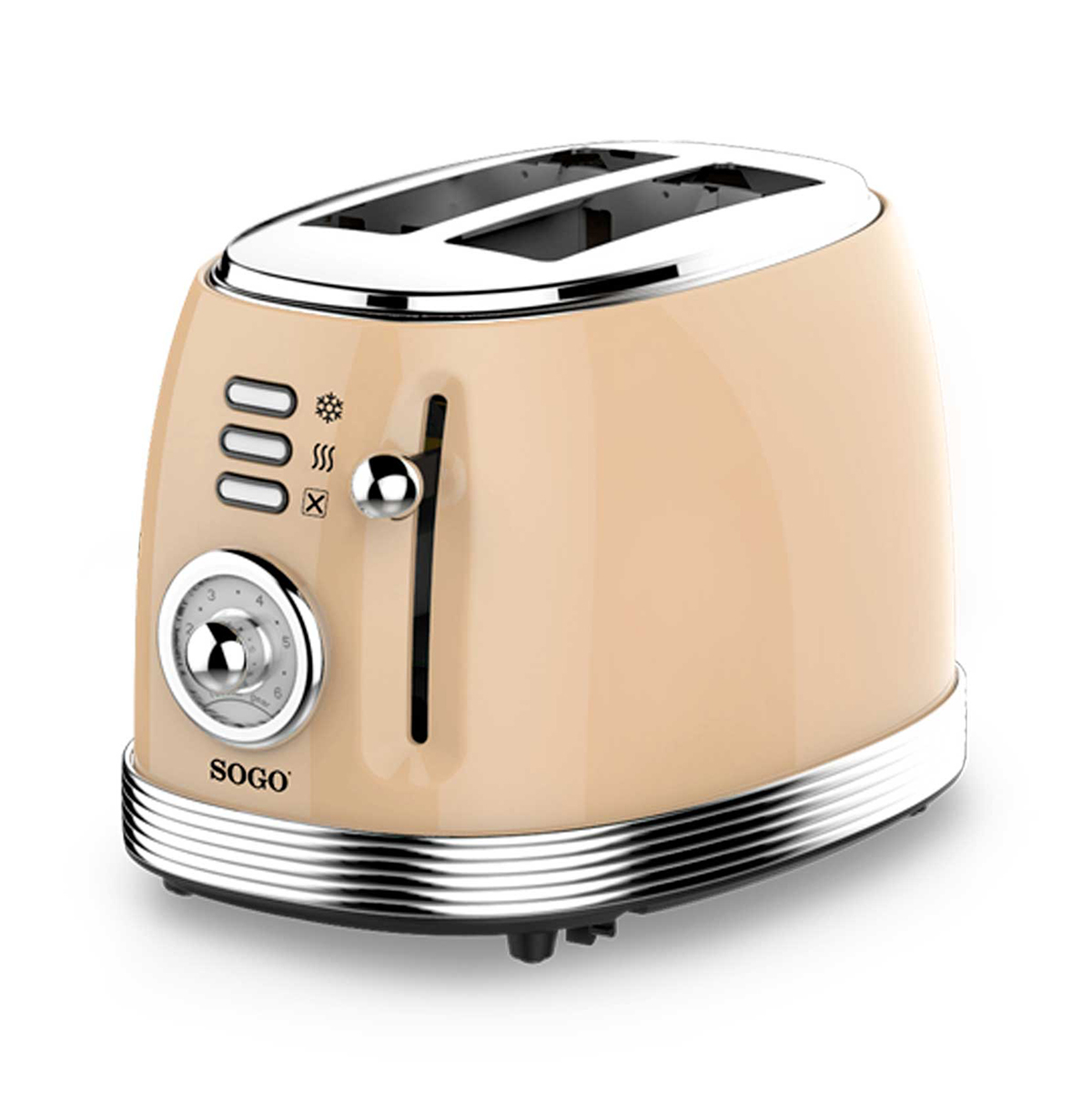 Tostadora retro beige con dos ranuras. Tiene detalles cromados y un dial de control.