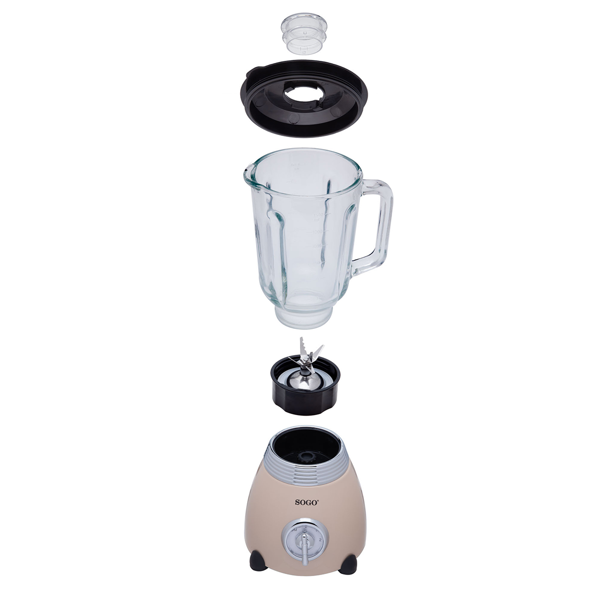 Explosionszeichnung eines Mixers mit Deckel, Glas, Klingen und Basis, alle isoliert.