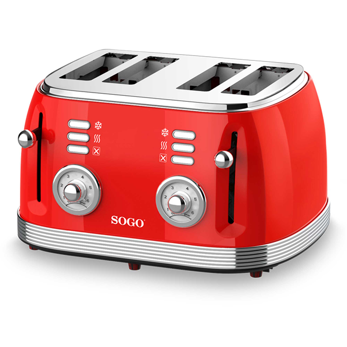 Roter Toaster mit vier Schlitzen. Silberne Zierleisten und Bedienelemente. Weißer Hintergrund.
