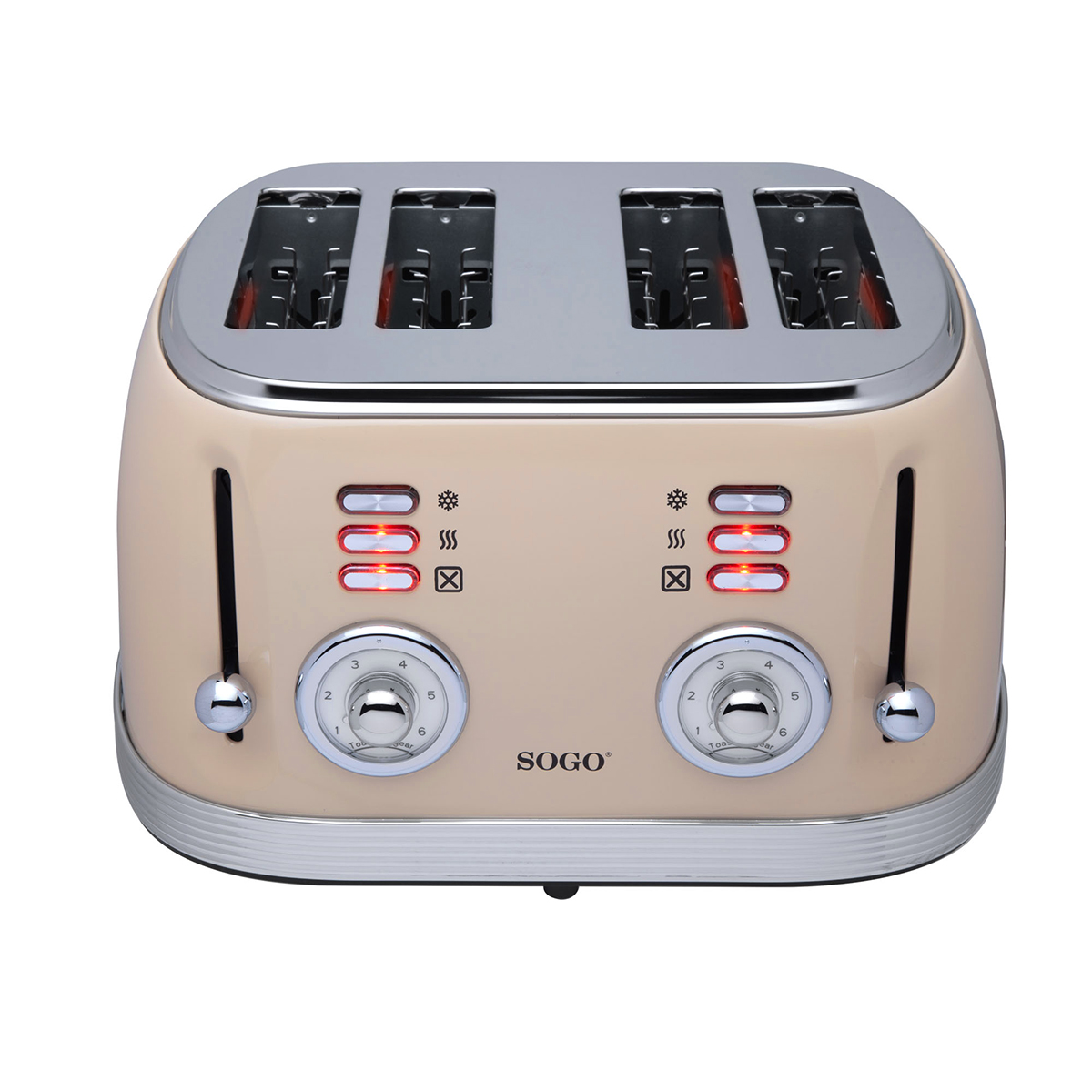 Beiger Toaster mit vier Schlitzen. Silberne Akzente und Bedienknöpfe. Indikatoren leuchten.