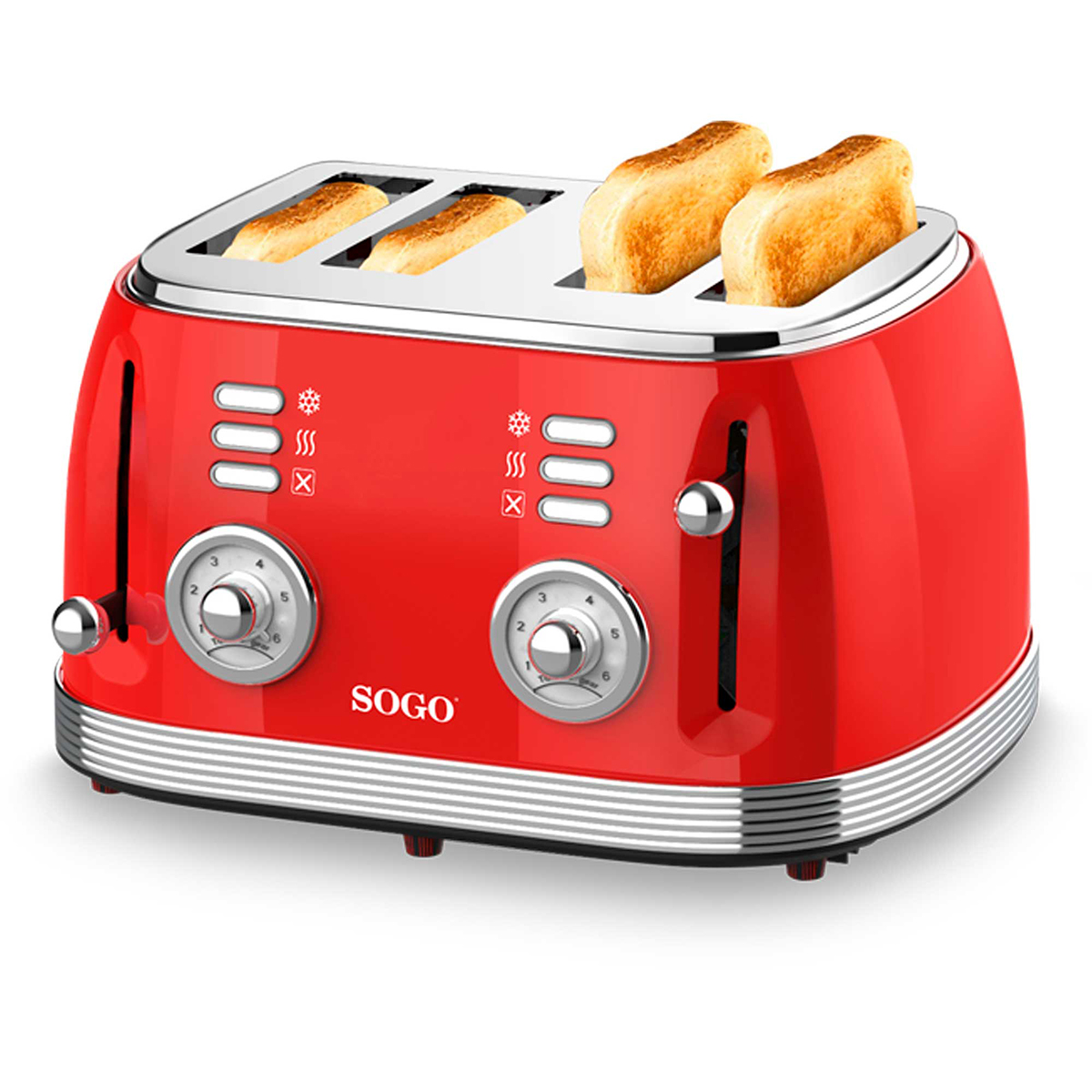 Ein roter Retro-Toaster mit zwei Toastbrotscheiben. Er hat Chromelemente.