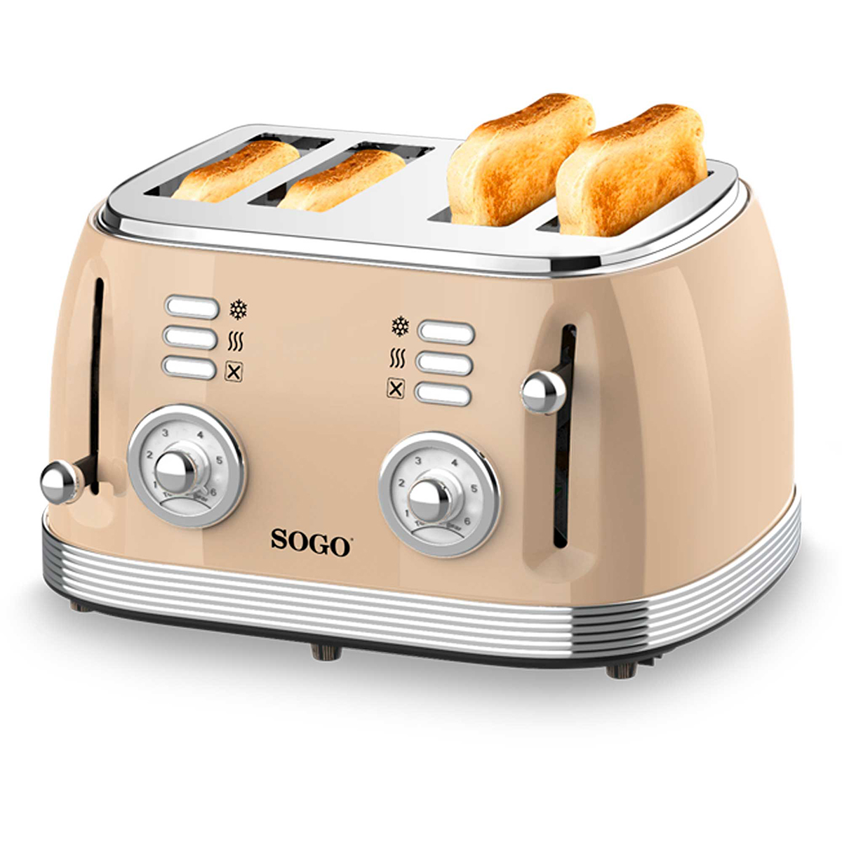 Beiger Retro-Toaster mit 4 Schlitzen, zwei Reglern und Toast.