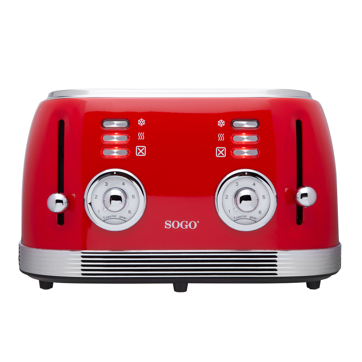 Roter SOGO-Toaster mit zwei Schlitzen, Einstellrädern und silberfarbenen Akzenten. Weißer Hintergrund.