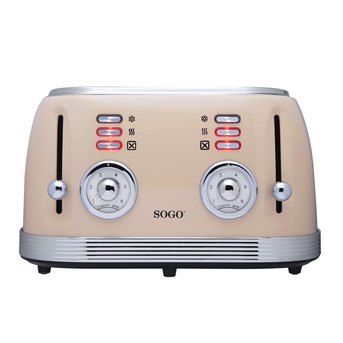 Beiger Toaster, Frontansicht. Zwei Schlitze, Drehregler und Kontrollleuchten. Weißer Hintergrund.