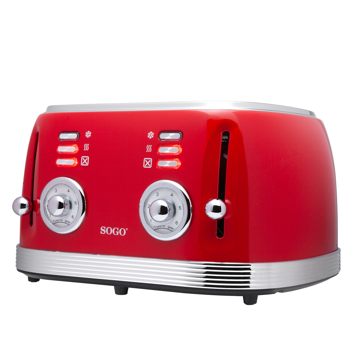 Roter Sogo Toaster, Chromakzente, zwei Schlitze, Knöpfe für Einstellungen, weißer Hintergrund.