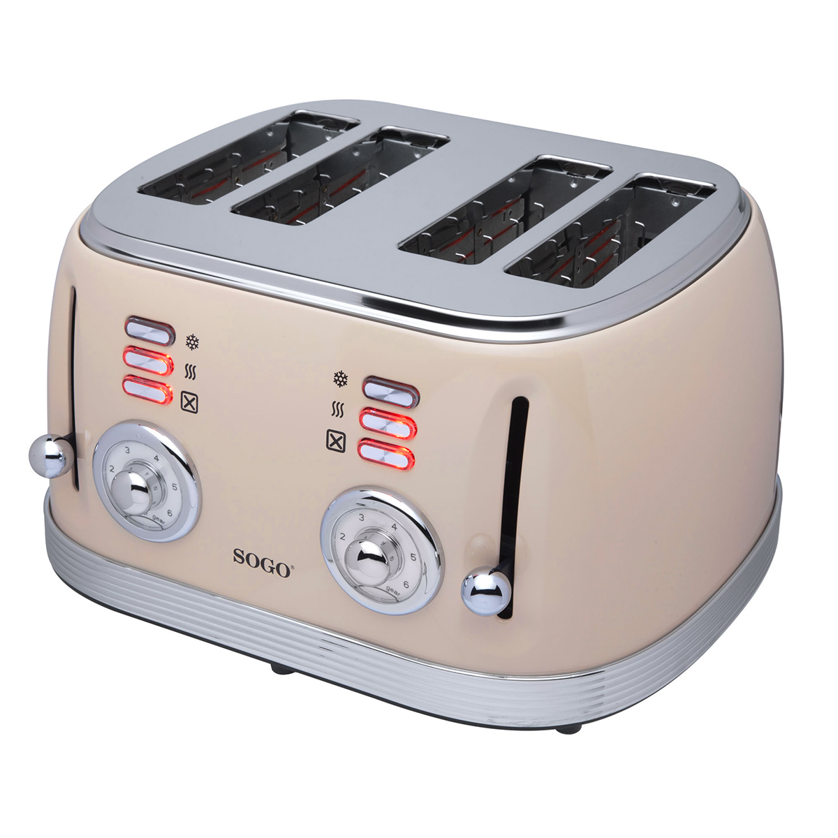 Beiger Toaster mit vier Schlitzen, silbernen Akzenten und Steuerungsknöpfen. Der Toaster steht auf weißer Fläche.