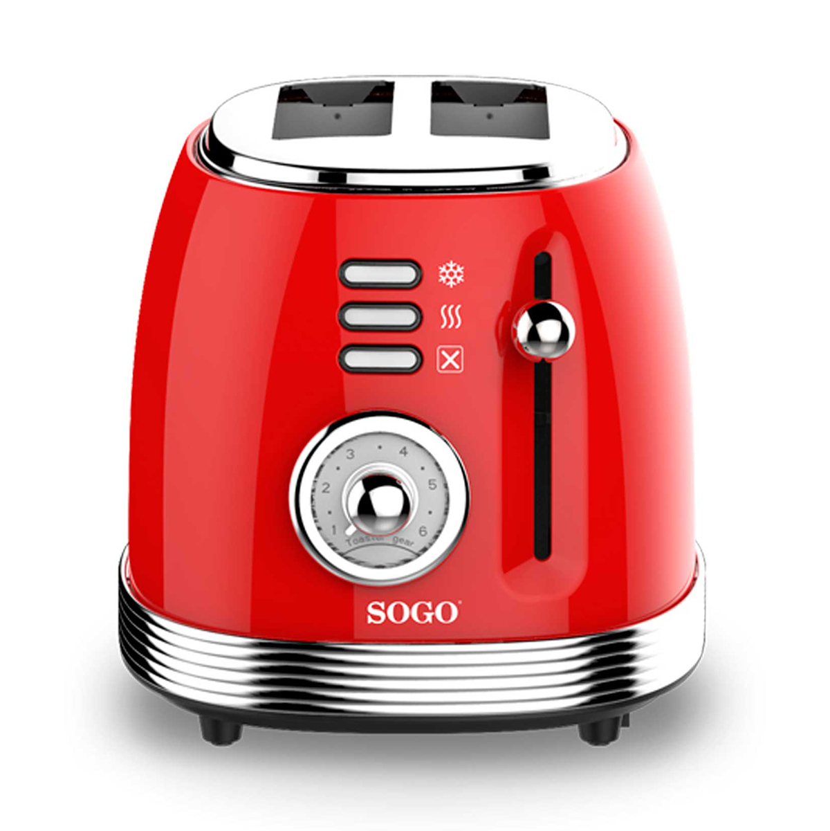 Czerwony toster retro z dwoma otworami, pokrętłem i przyciskami. Chromowane akcenty. Białe tło.