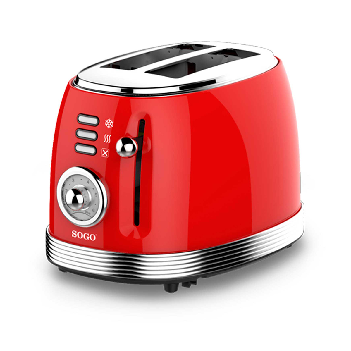 Czerwony toster w stylu retro z dwoma otworami i metalicznymi akcentami, na białym tle.