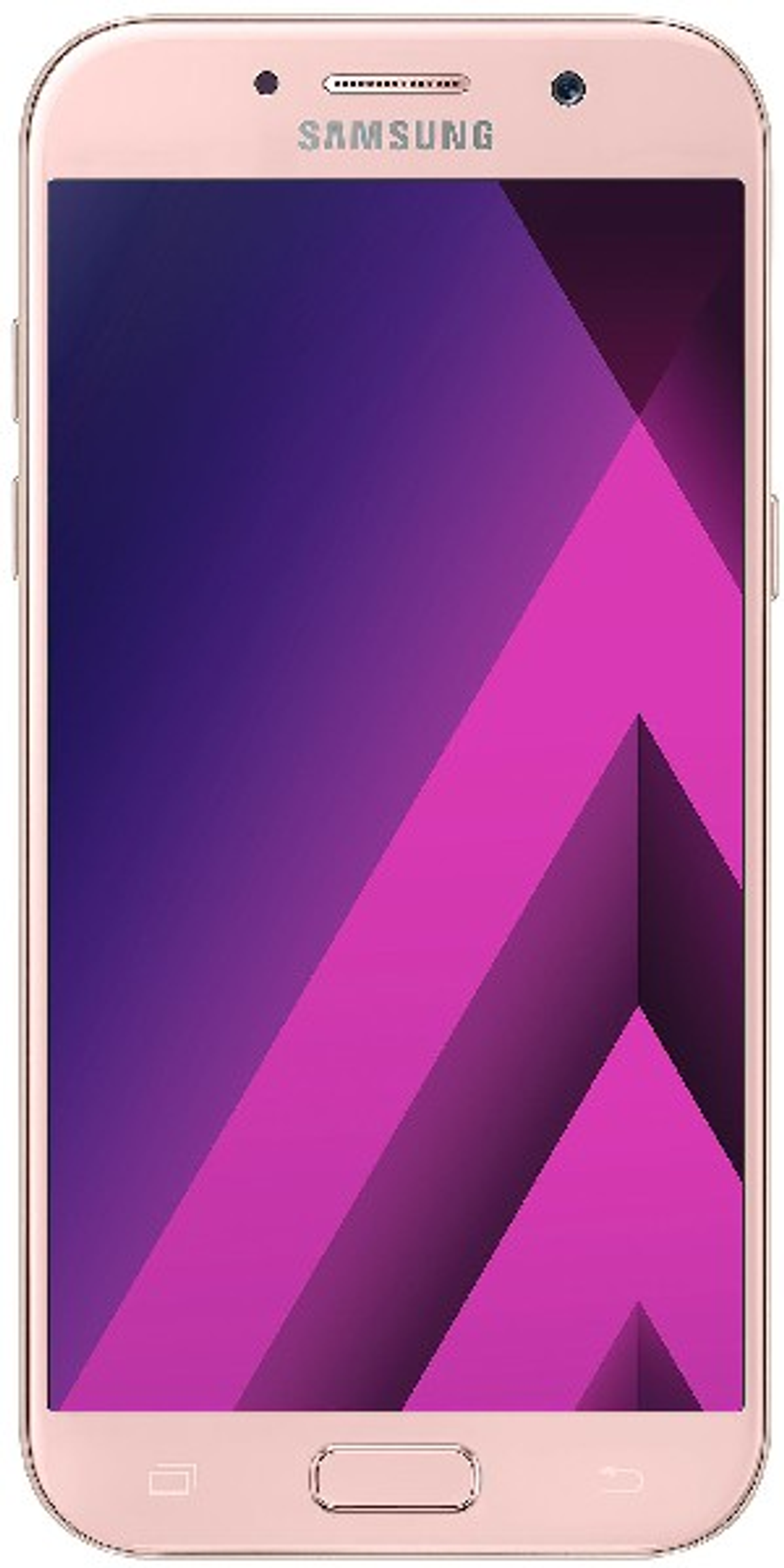 Ein roségoldenes Samsung-Smartphone. Der Bildschirm zeigt ein lila-rosa abstraktes Design.