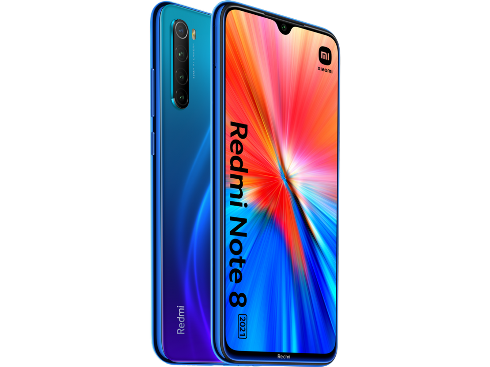 Teléfono inteligente azul a la derecha, con parte trasera y pantalla azules.