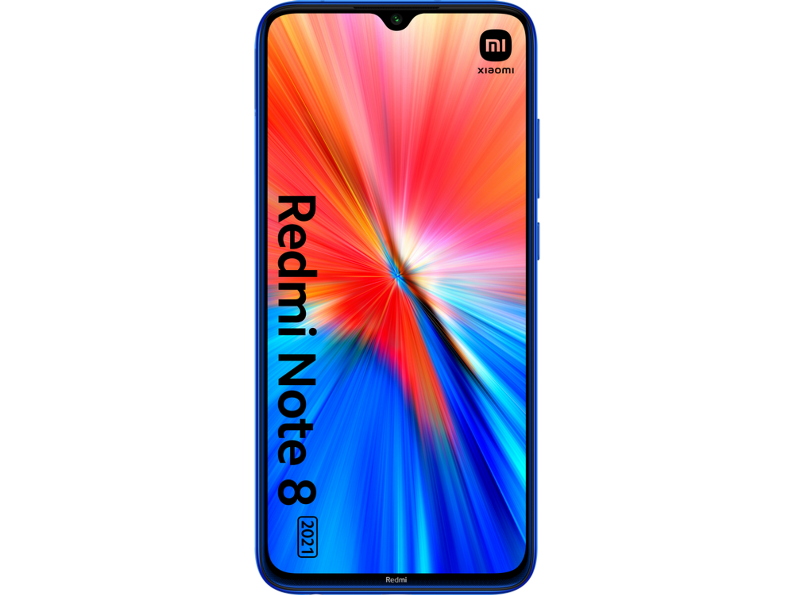 Smartphone azul Redmi Note 8 2021 con pantalla que muestra gráficos coloridos.