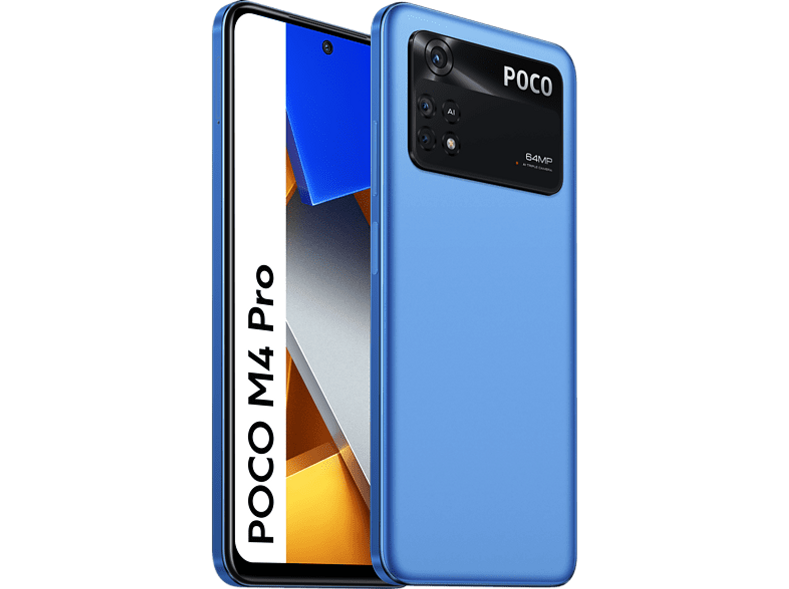 Un téléphone POCO M4 Pro bleu avec son module caméra et le nom du téléphone visible.