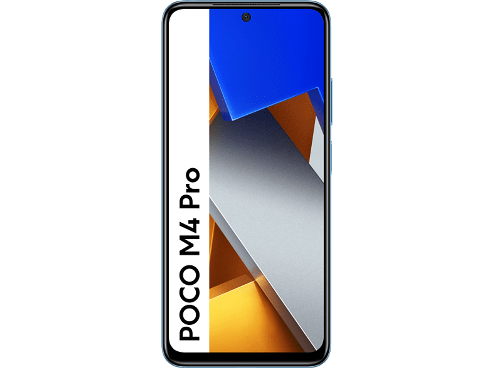 Smartphone avec cadre bleu, barre blanche avec étiquette 'POCO M4 Pro' et fond bleu.