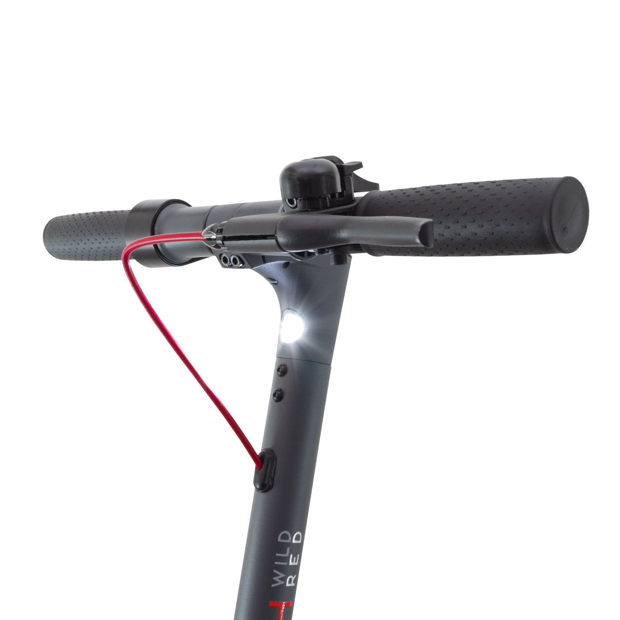 Manillar de patinete eléctrico, con cable rojo, timbre y luz blanca.