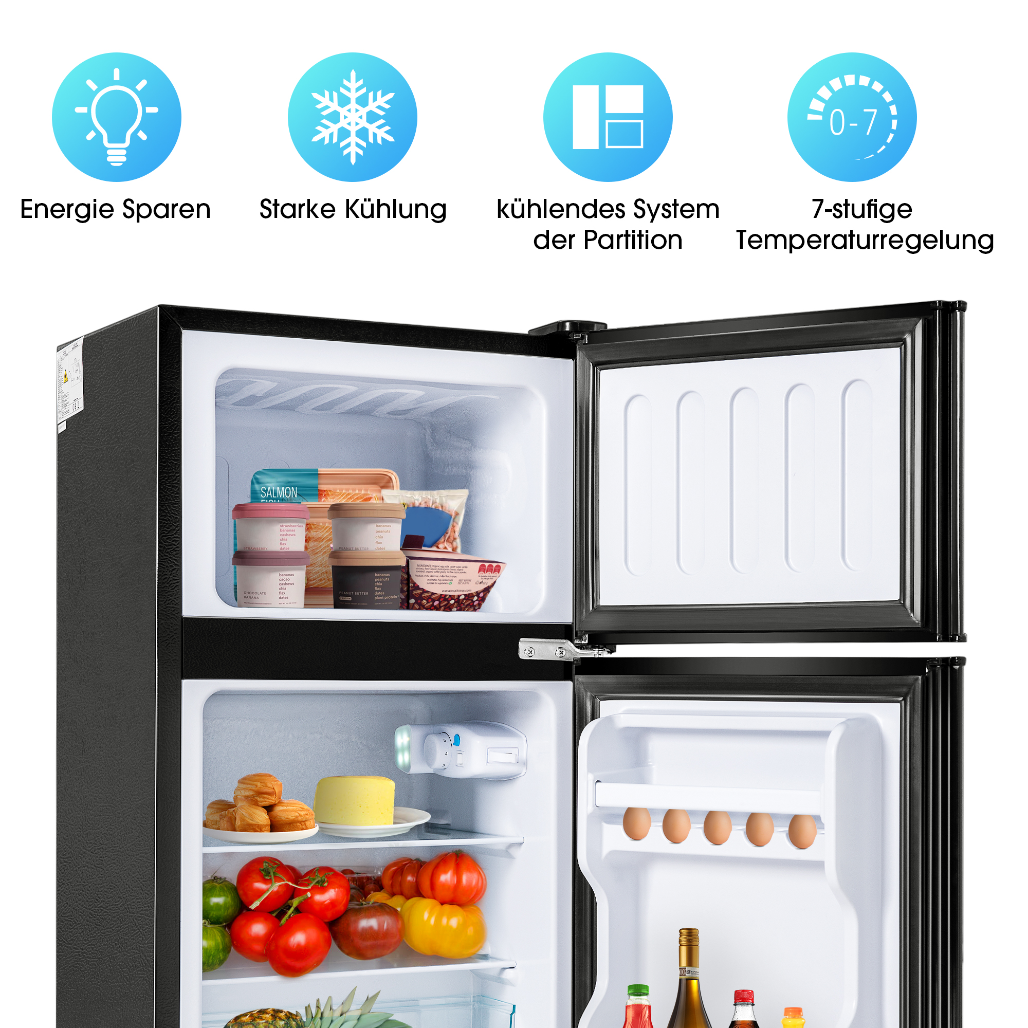Ein schwarzer Kühlschrank, geöffnet, um Lebensmittel zu zeigen. Symbole zeigen Energieeinsparung, starke Kühlung und mehr.