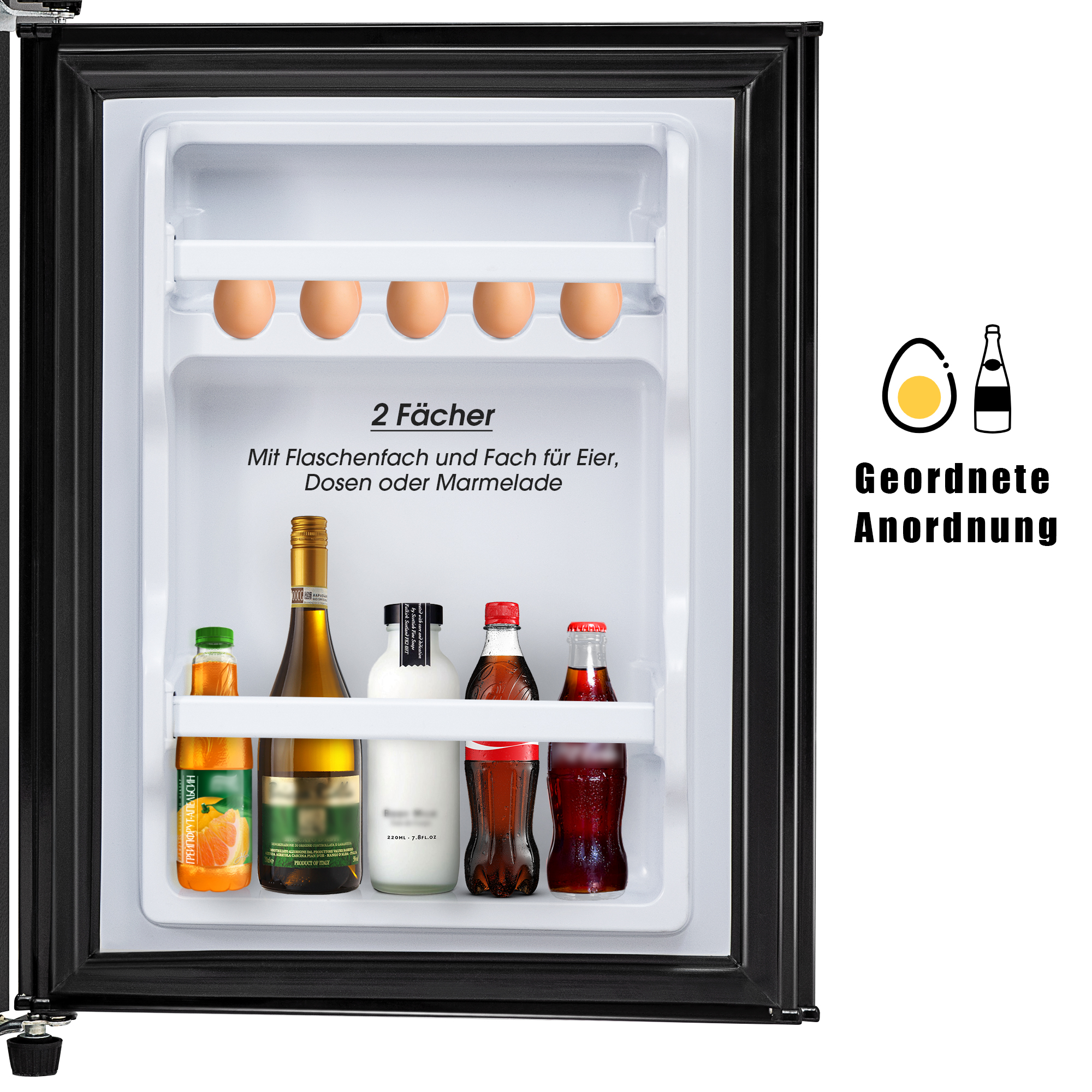 Mini-Kühlschrank-Innenraum. Eier und Getränkeflaschen auf Regalen. Text: 2 Fächer.