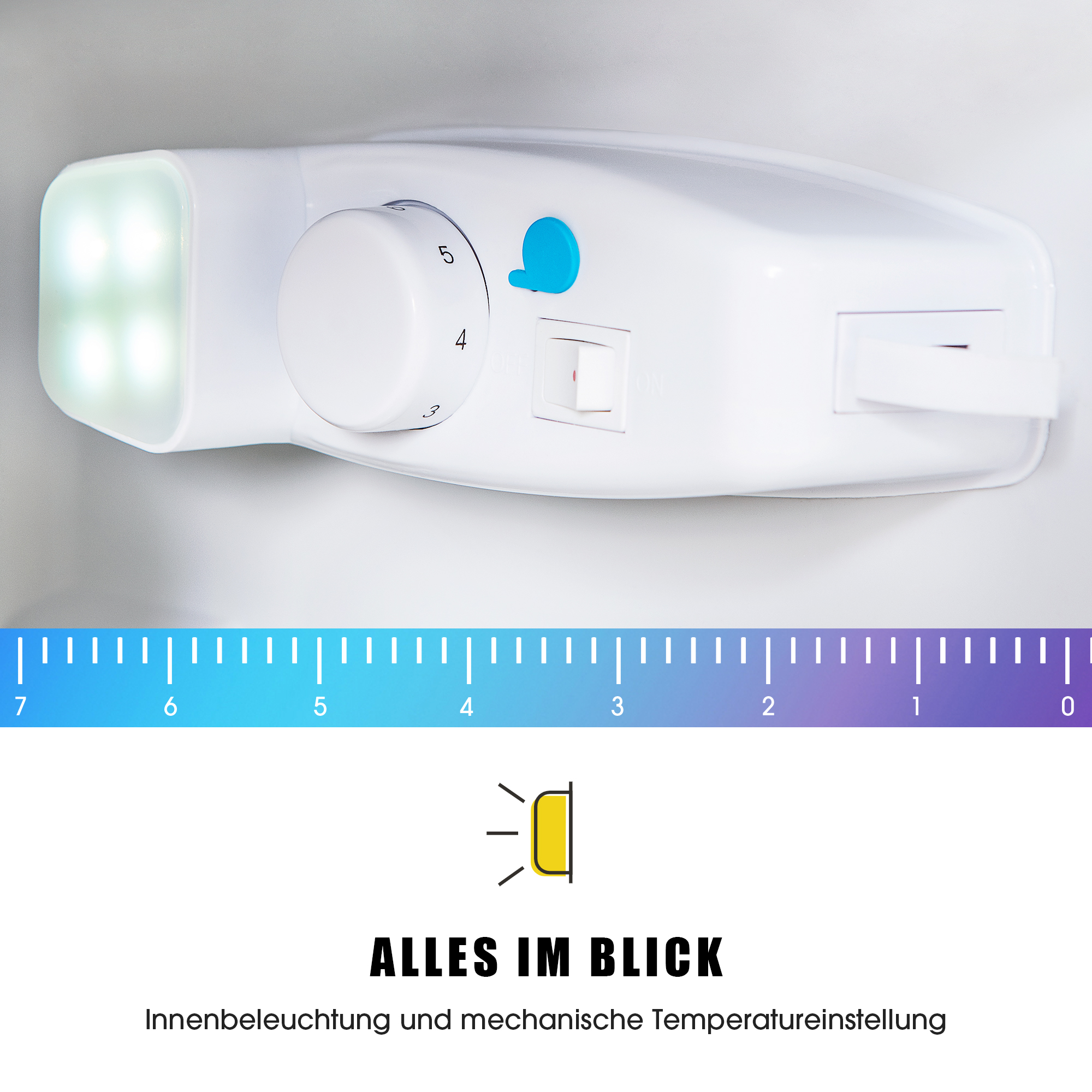 Kühlschrank-Innendetails: Licht, Temperaturregler und Skala.