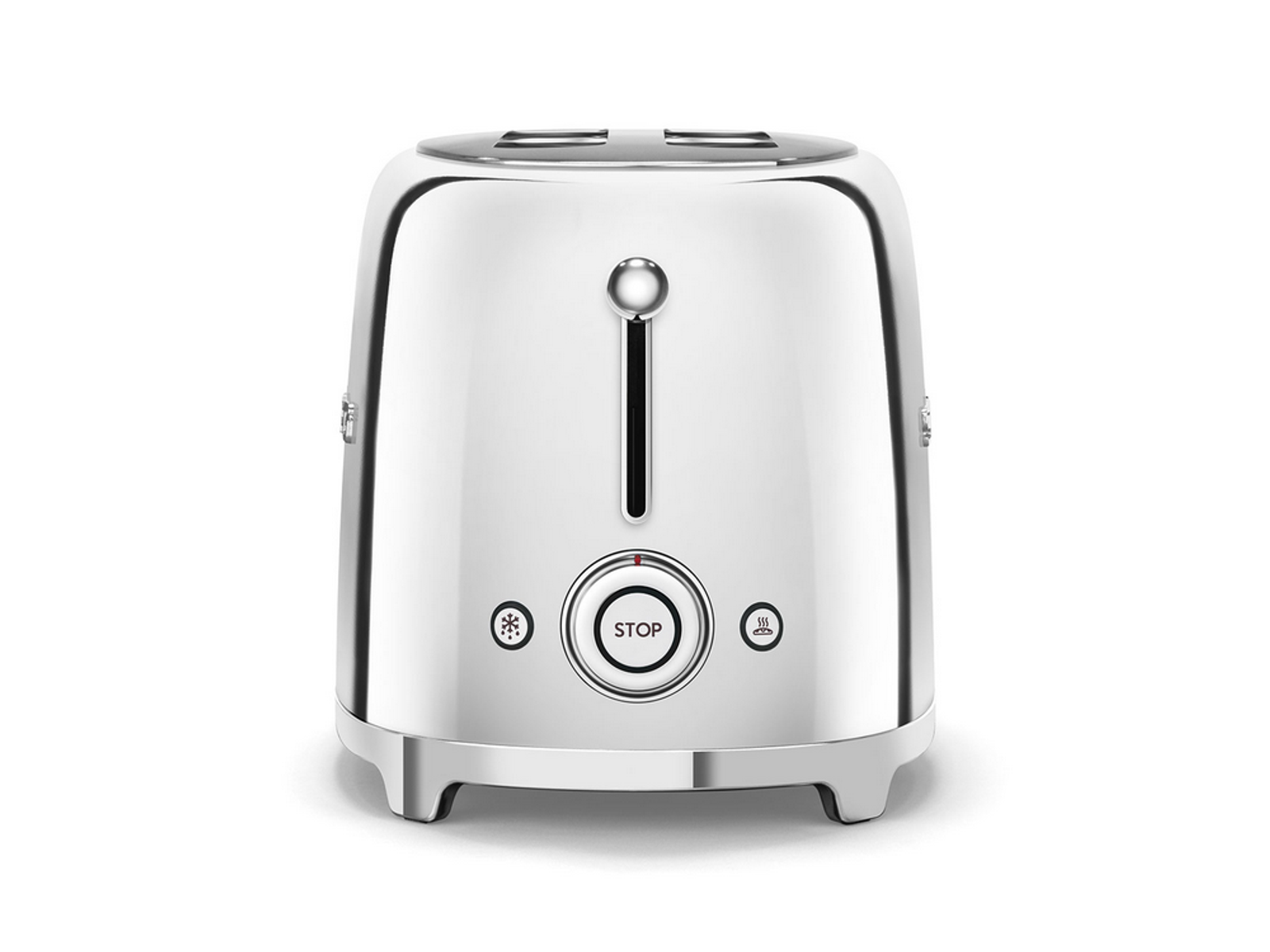 Chromowany toster z przyciskiem stop i dwoma otworami.