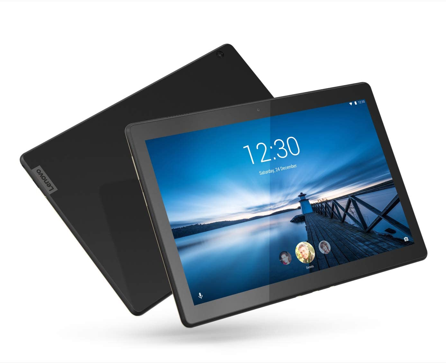 Czarny tablet Lenovo wyświetlający godzinę i datę, z drugim tabletem z tyłu.