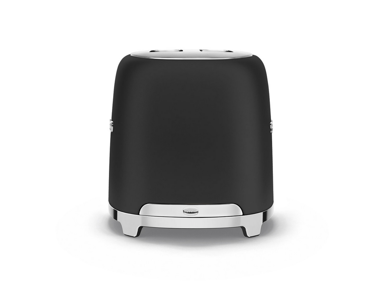 Czarny toster w stylu retro, z metalicznymi detalami, na białym tle.