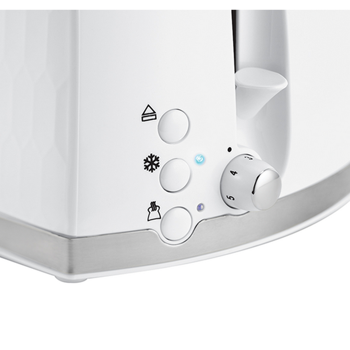 Zbliżenie białego urządzenia z przyciskami sterowania i pokrętłem temperatury.