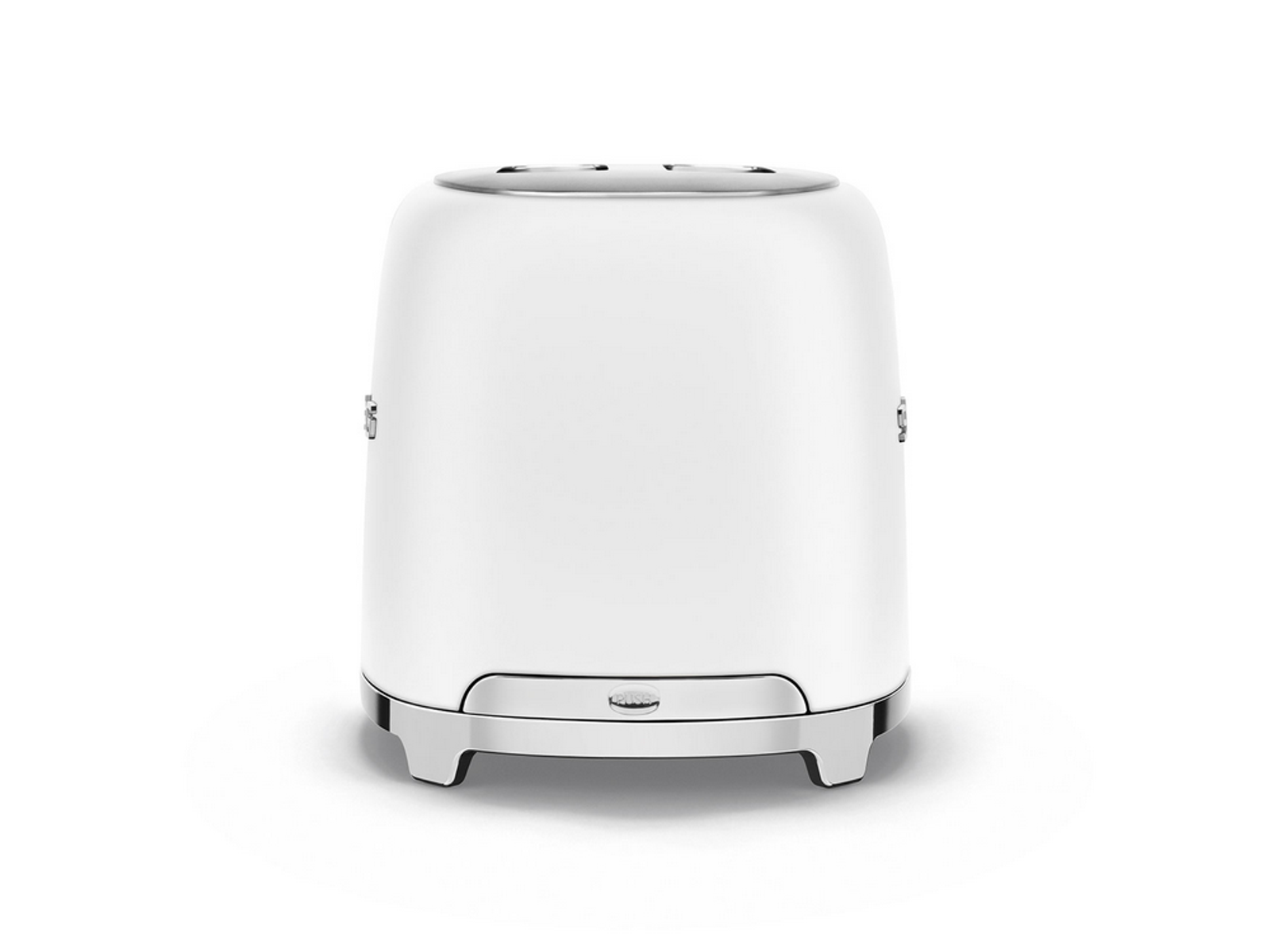 Biały toster ze srebrnymi akcentami na białym tle. To widok z przodu.