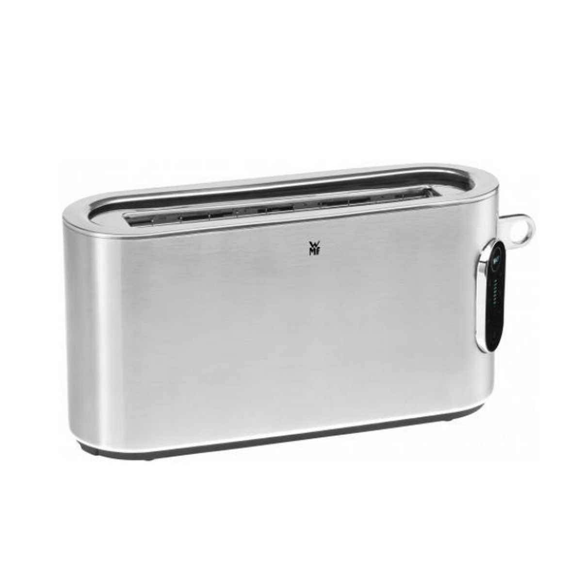 Srebrny toster. Dwa otwory, elementy sterujące z boku. Nowoczesny design.