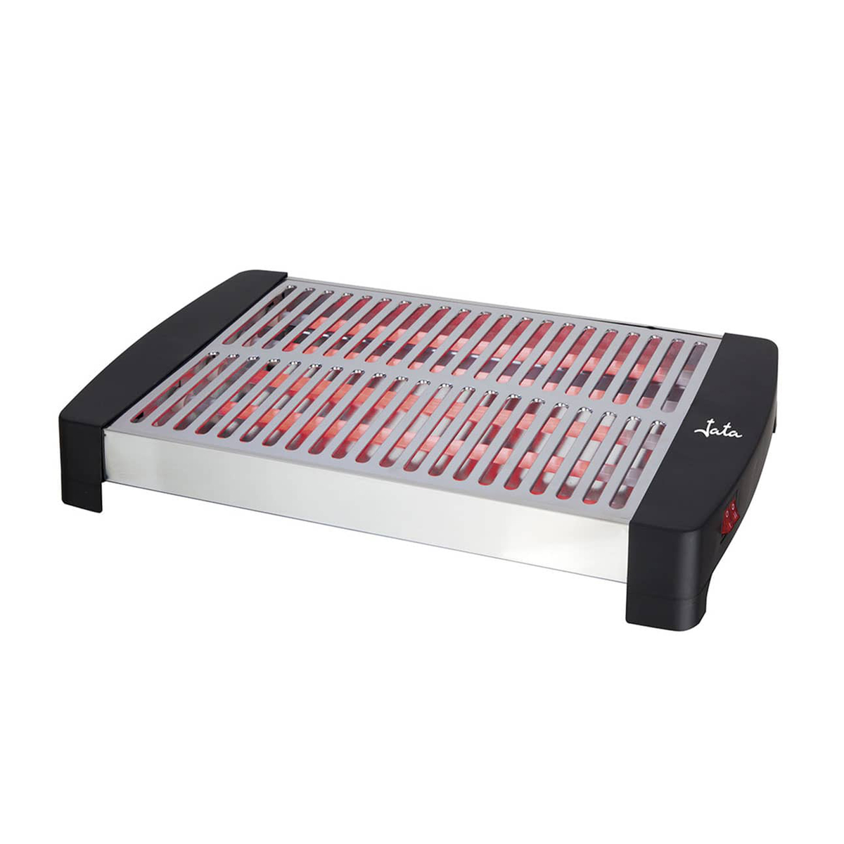 Parrilla eléctrica con elementos calefactores rojos. Marco negro, superficie plateada.