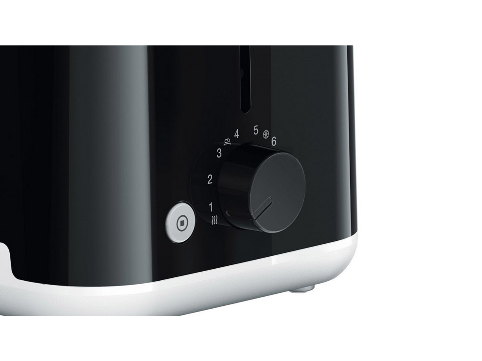 Zbliżenie czarno-białego tostera, pokrętło od 1 do 6, przycisk start.