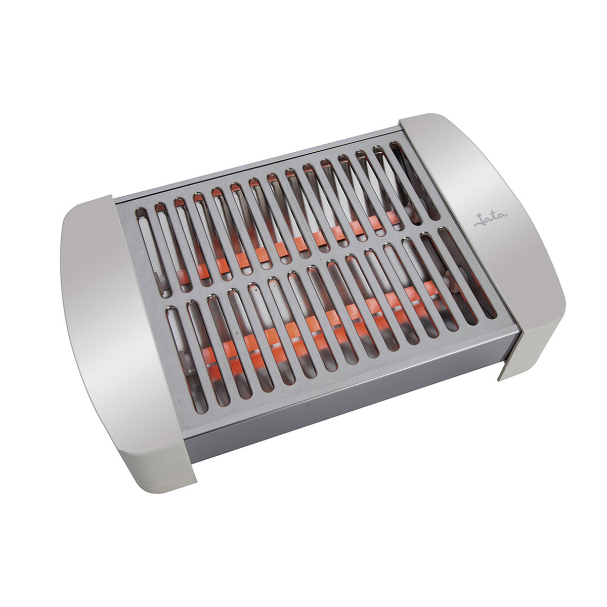 Metallgrill auf Weiß. Rote Elemente durch den Grill sichtbar. Jata Logo.